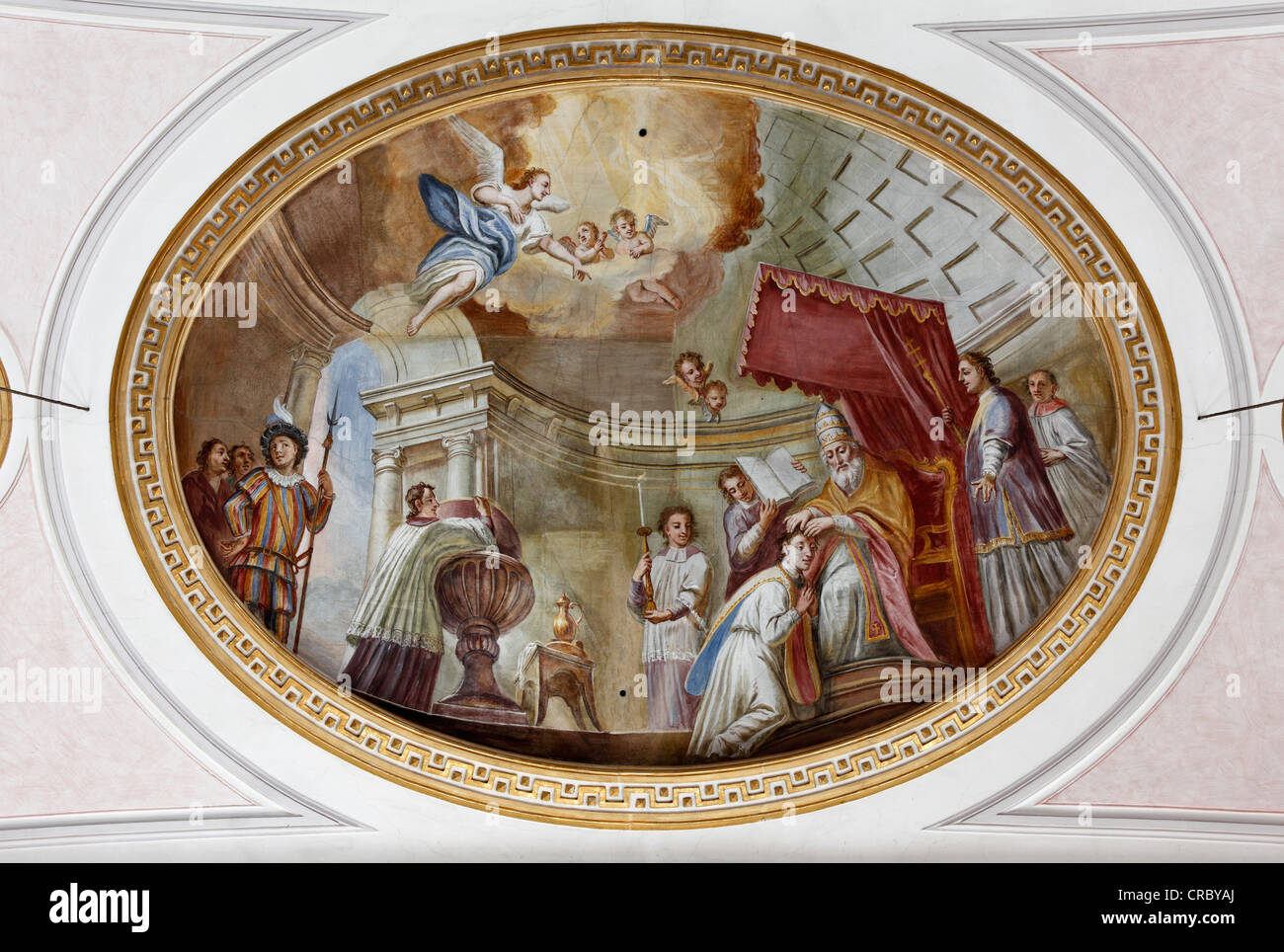 Ceiling Fresco, ordination of St Tertulin, Church of St. Tertulin, a former monastery church, Schlehdorf, Upper Bavaria, Bavaria Stock Photo