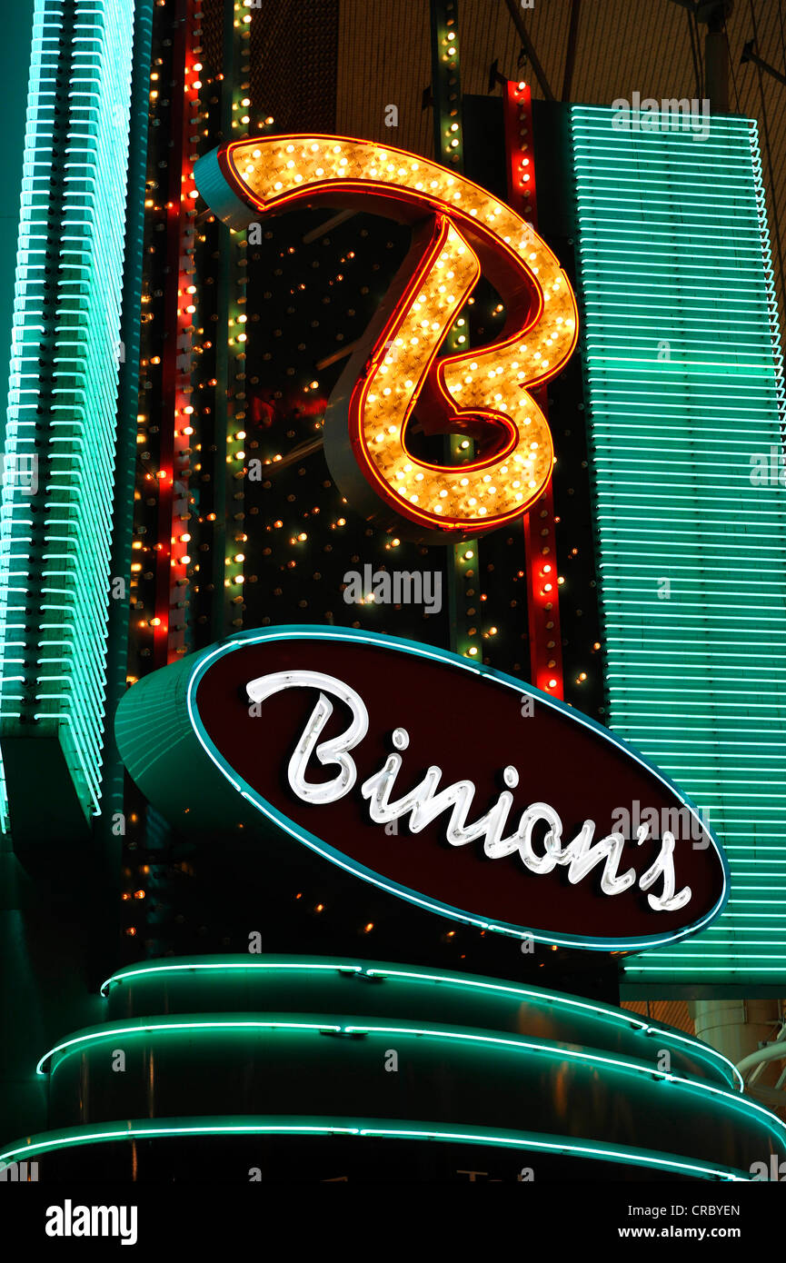 Neon logo of Binion's Horseshoe Gambling Hotel and Casino, Fremont Casino, downtown Las Vegas, Nevada, United States of America Stock Photo