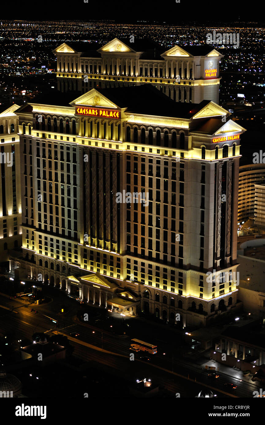 Night scene, luxury hotel, casino, Caesars Palace, Las Vegas, Nevada, United States of America, USA, PublicGround Stock Photo