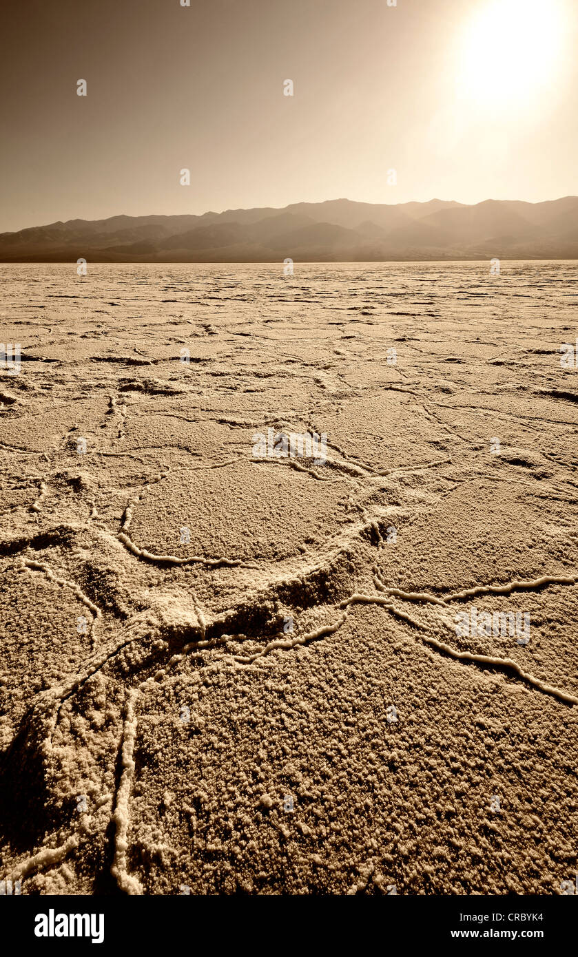 Salt pan, salt crystals, Bathwater Basin, Death Valley National Park, Mojave Desert, California, United States of America, USA Stock Photo