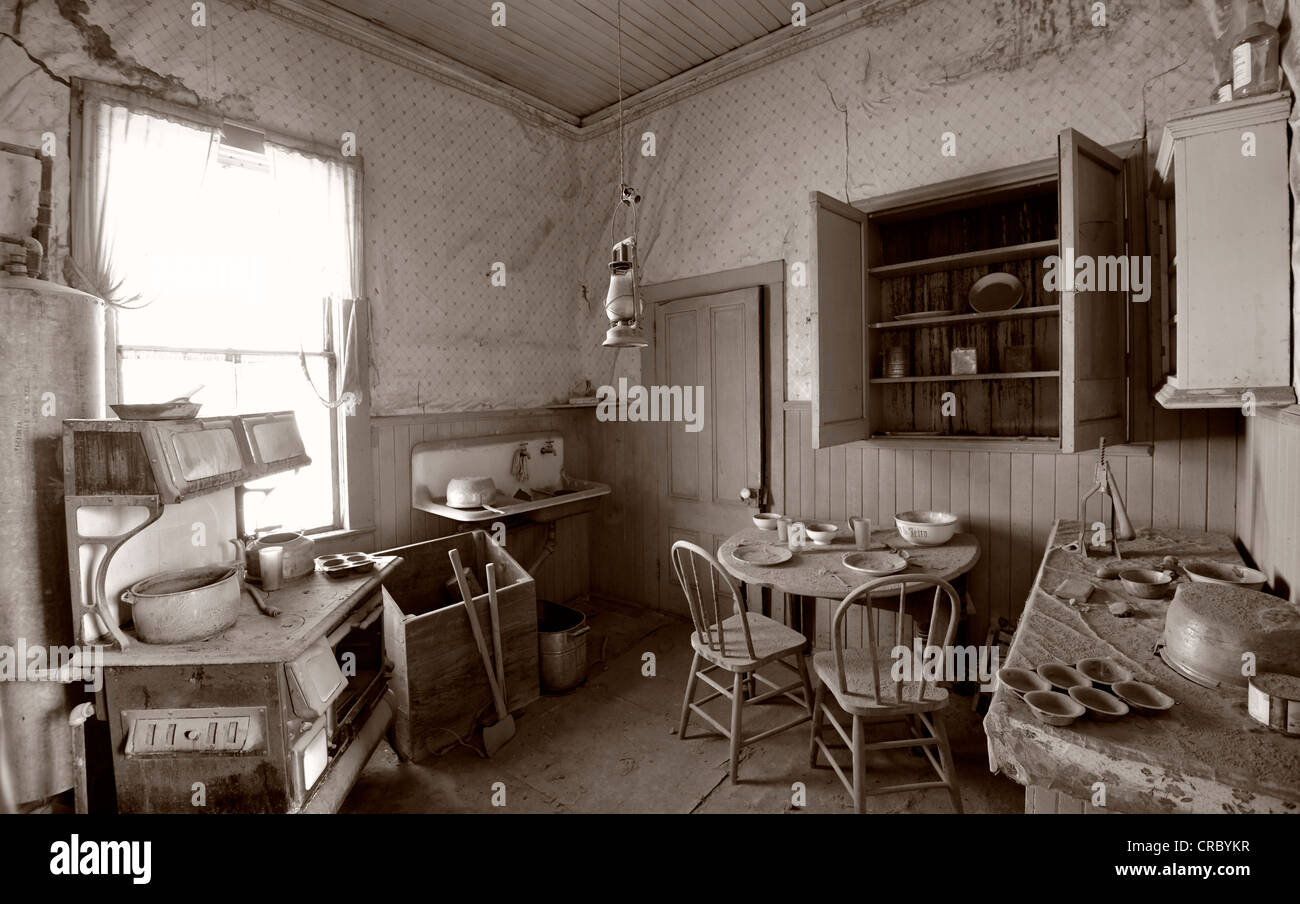 Indoor kitchen, residence of a wealthy citizen, James Stuart Cain, ghost town of Bodie, a former gold mining town Stock Photo