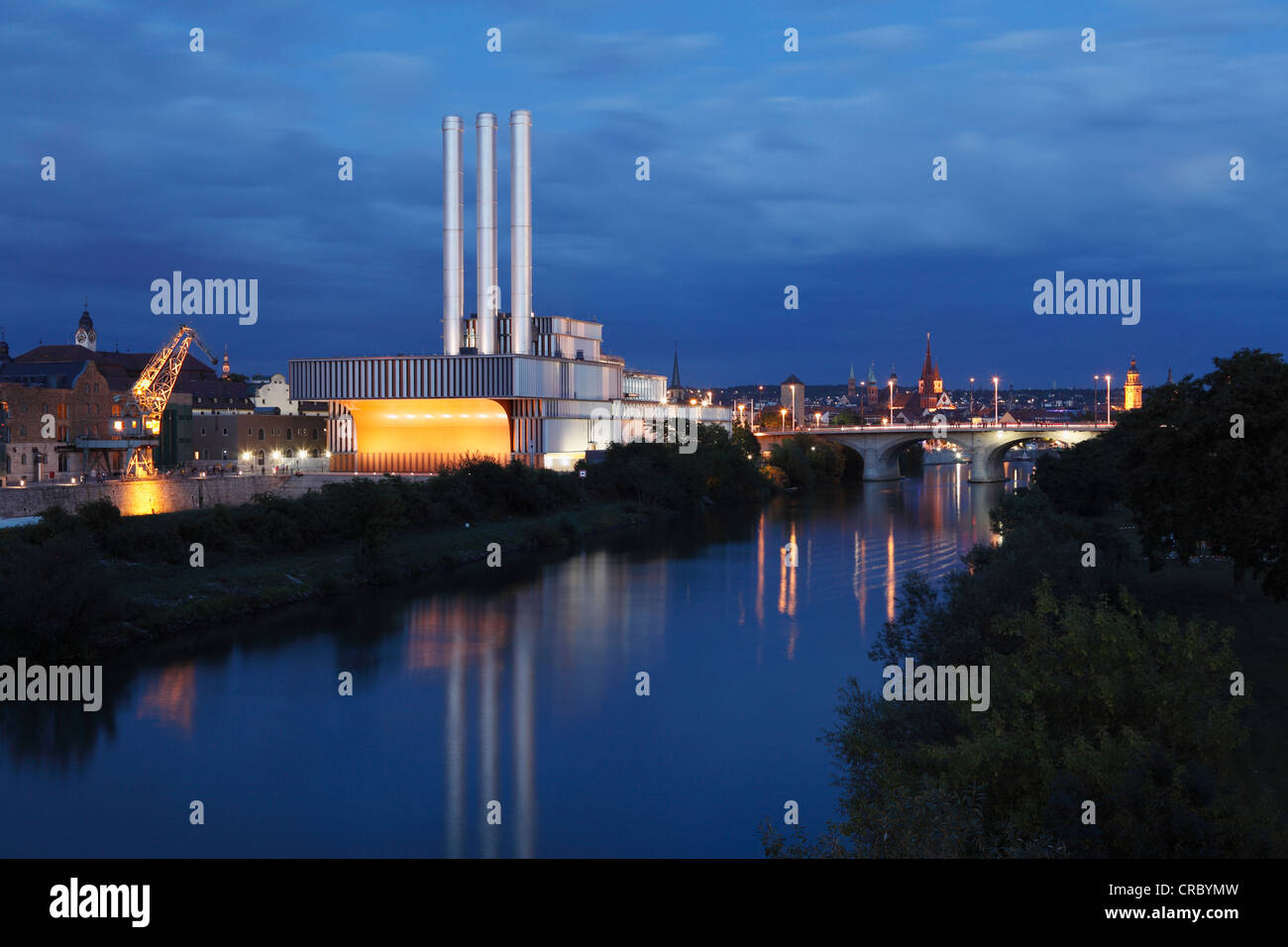 Combined heat and power station, Main River, Friedensbruecke Bridge, Wuerzburg, Lower Franconia, Franconia, Bavaria Stock Photo