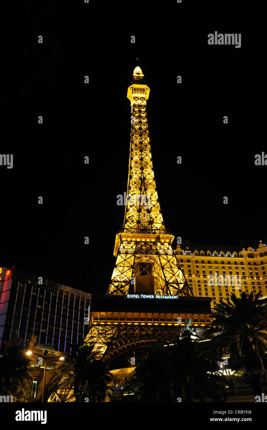 Night view, luxury hotel and Casino Paris with a simulated Eiffel Tower, Planet Hollywood, The Strip, Las Vegas, Nevada Stock Photo