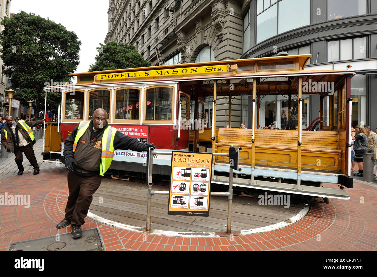 Turning maneuvers, Cable Car Turning Point, cable tramway, Powell and Mason Street, San Francisco, California Stock Photo