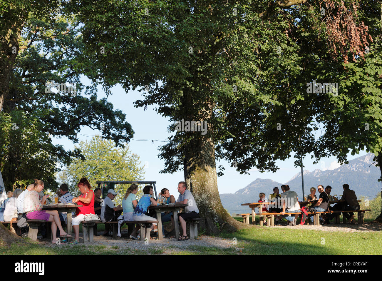Beer garden of the Aehndl Inn, Murnau, Blaues Land region, Upper Bavaria, Bavaria, Germany, Europe, PublicGround Stock Photo
