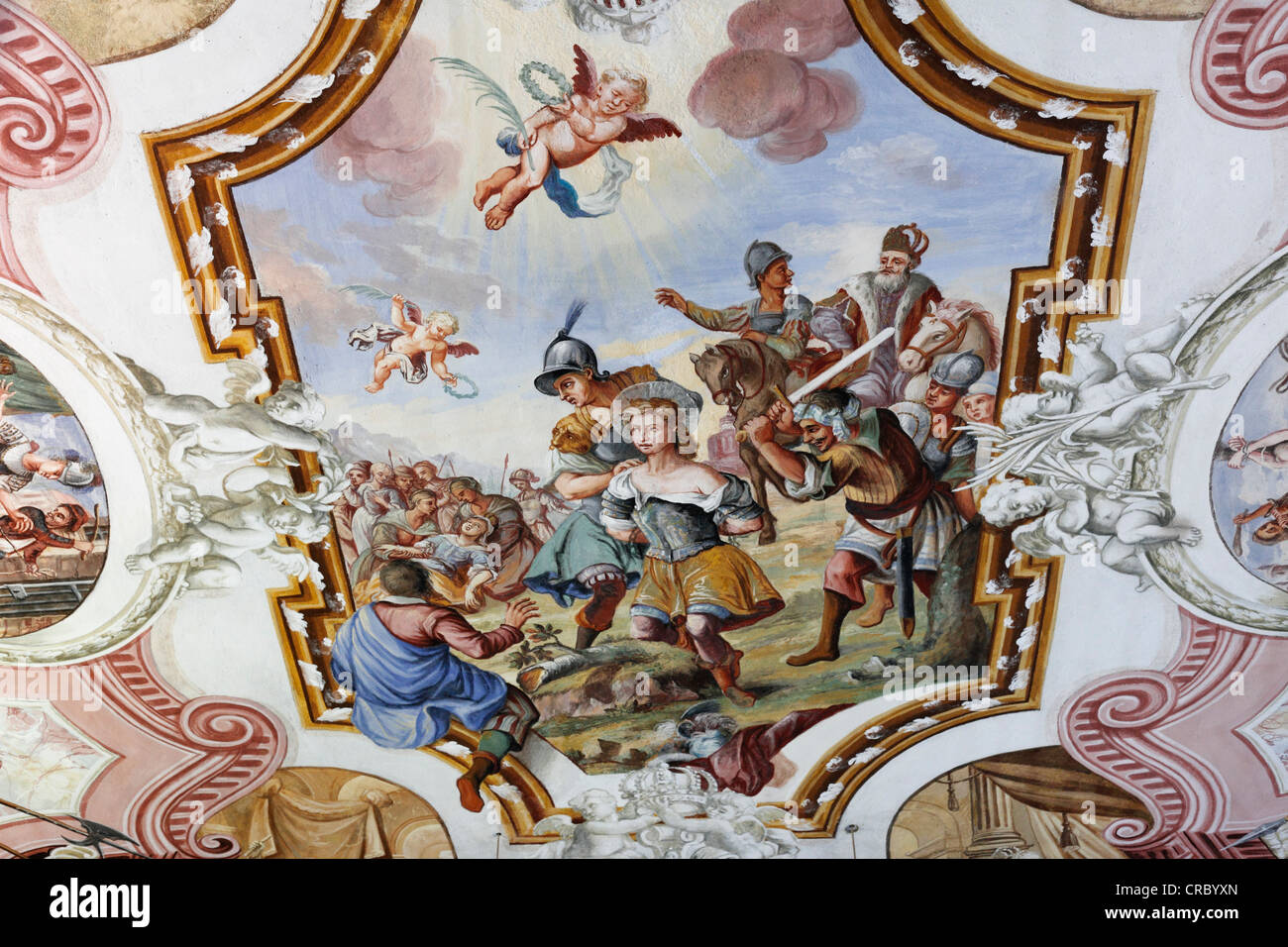 Ceiling fresco by Augustin Bernhardt, 1740, the martyrdom of St. George, Church of St. George, Aehndl, Murnau Stock Photo