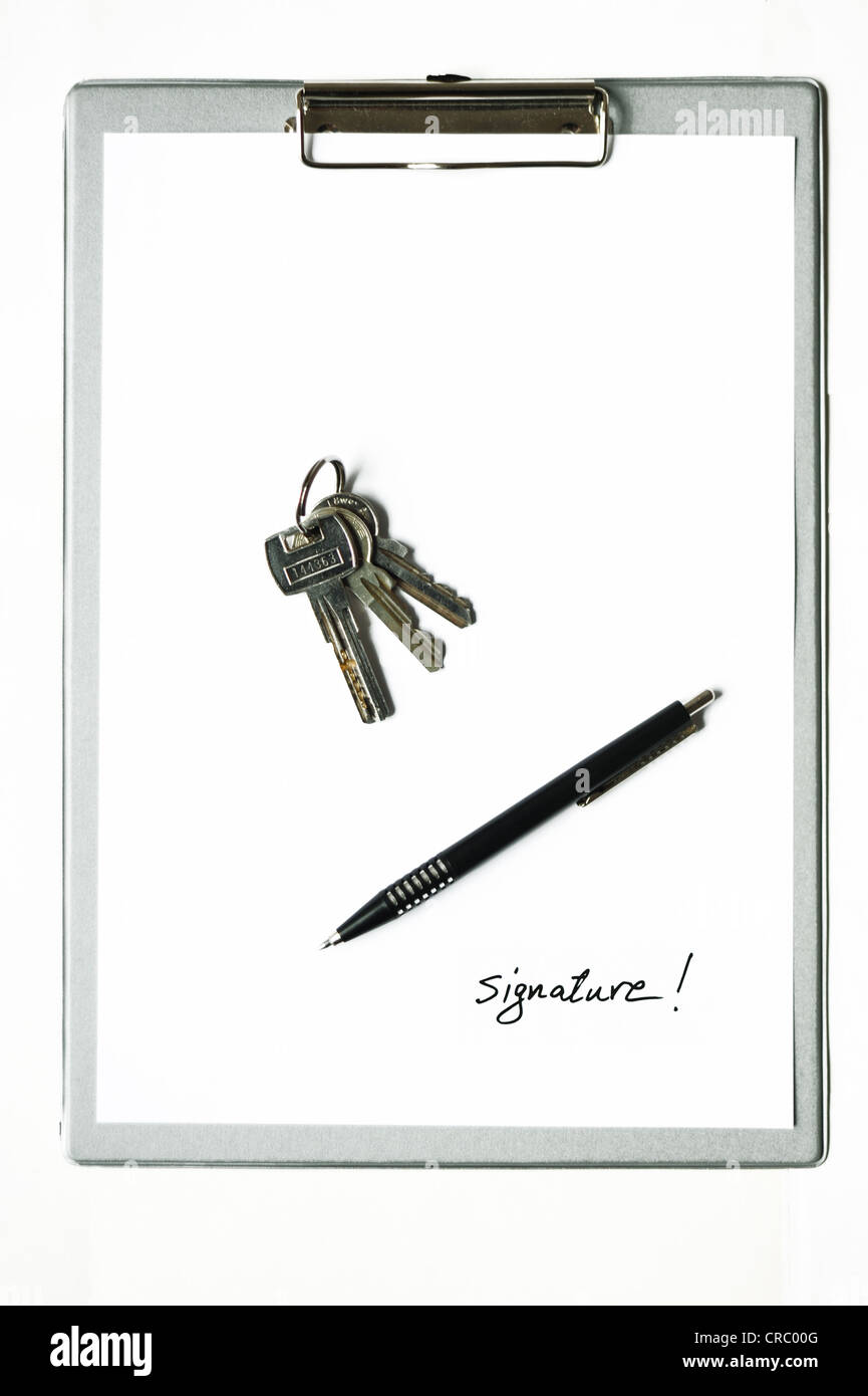 Clipboard, keys and a pen Stock Photo Alamy