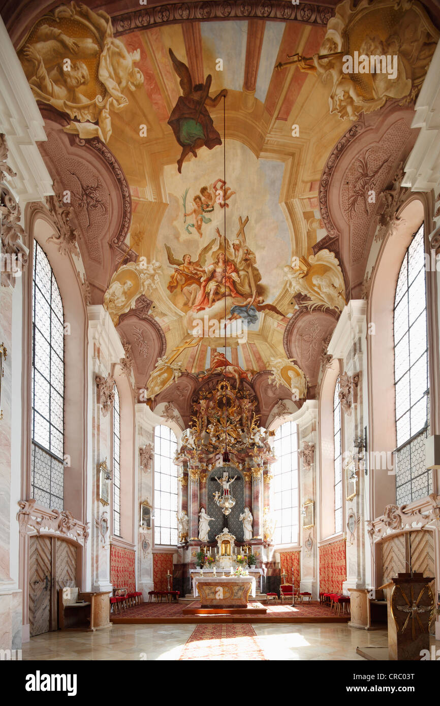 Choir with high altar, Church of St. Gordian and Epimachus, Stoettwang, Ostallgaeu, Allgaeu, Swabia, Bavaria, Germany, Europe Stock Photo