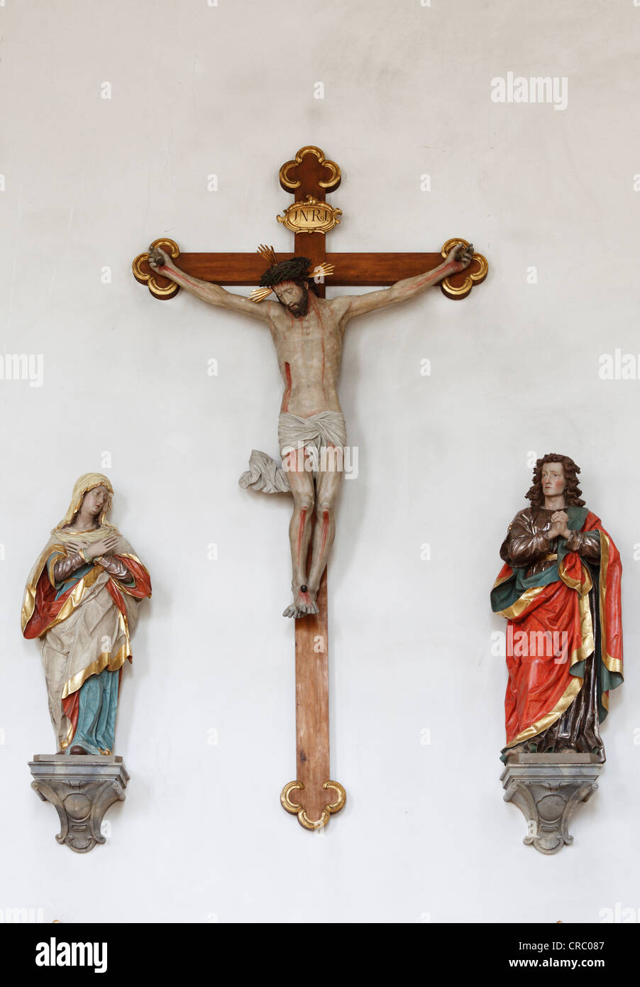 Crucifixion group, Parish Church of St. John the Baptist, Peissenberg, Pfaffenwinkel, Upper Bavaria, Bavaria, Germany, Europe Stock Photo