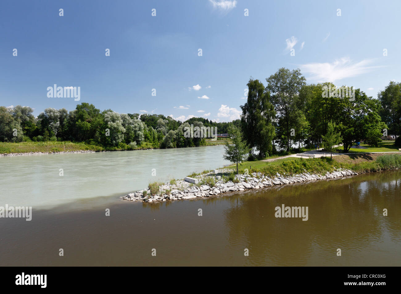 River Mangfall, at front, joins the river Inn, Innspitz, Rosenheim, Upper Bavaria, Bavaria, Germany, Europe Stock Photo