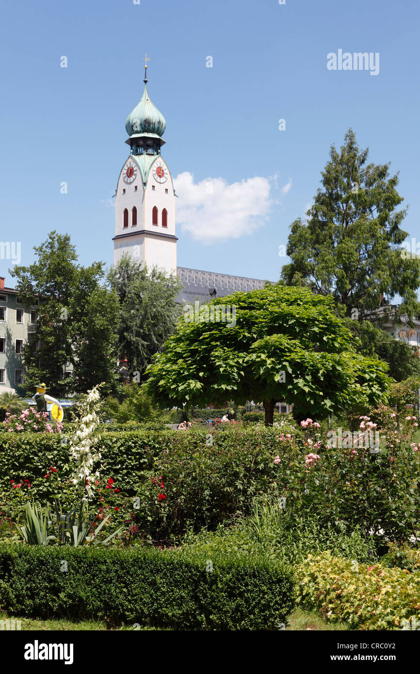 St. Nikolaus church, Riedergarten gardens, Rosenheim, Upper Bavaria, Bavaria, Germany, Europe, PublicGround Stock Photo