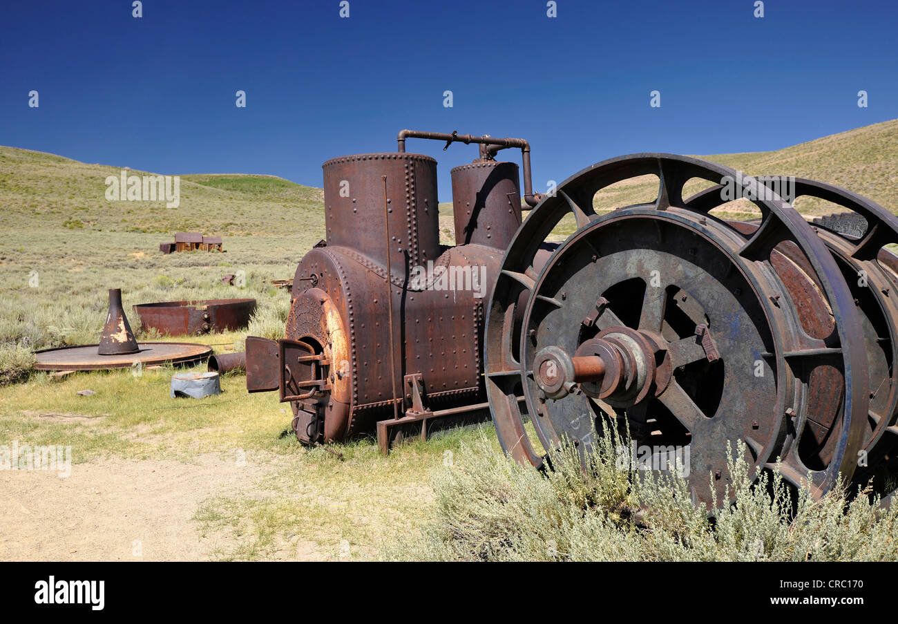 Old machine to produce hydro-electric energy, hydropower plant, ghost town of Bodie, a former gold mining town Stock Photo
