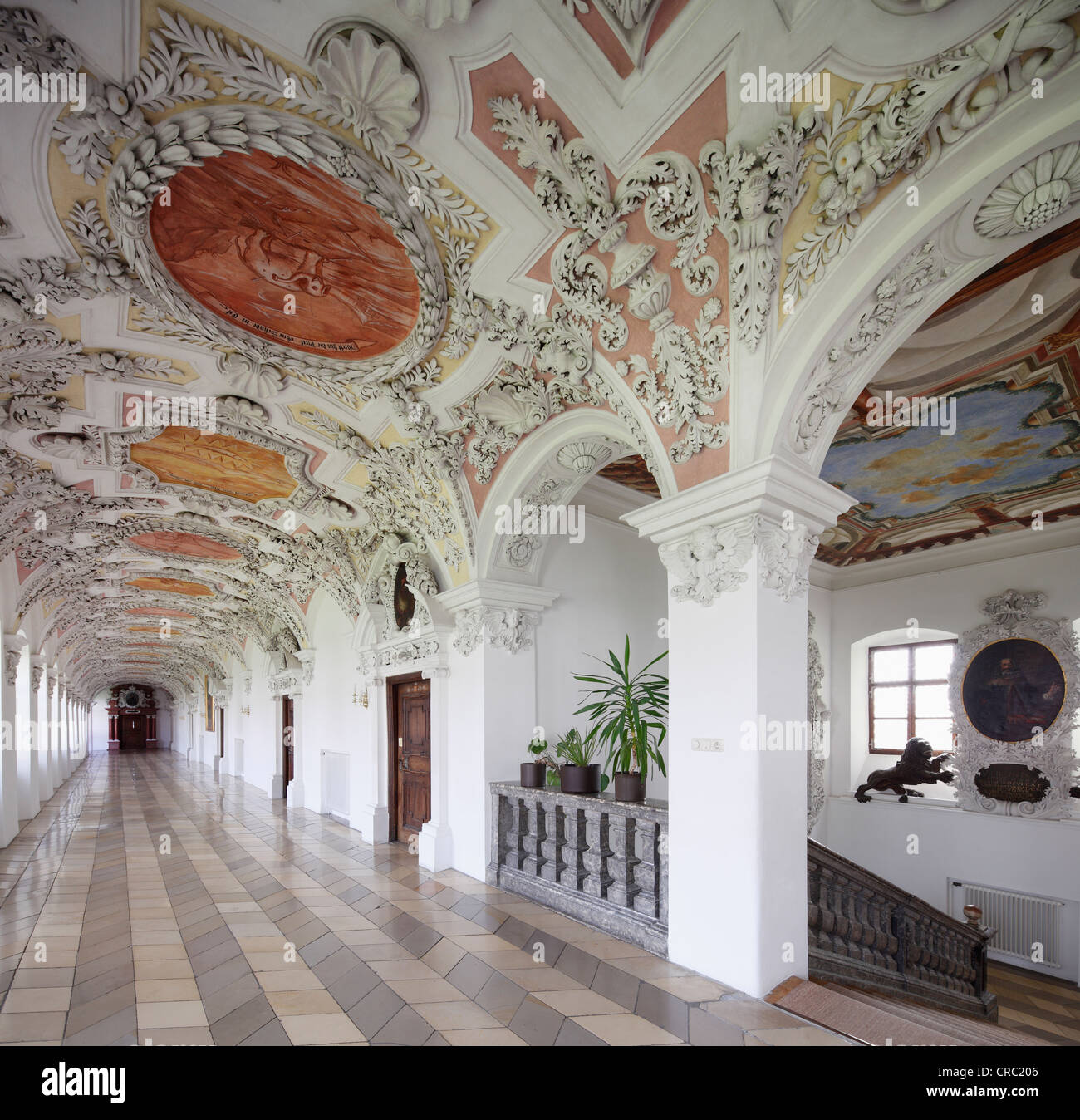 Stucco in the Prince's Wing with stairwell, Benedictine monastery Kloster Wessobrunn, Pfaffenwinkel, Upper Bavaria, Bavaria Stock Photo