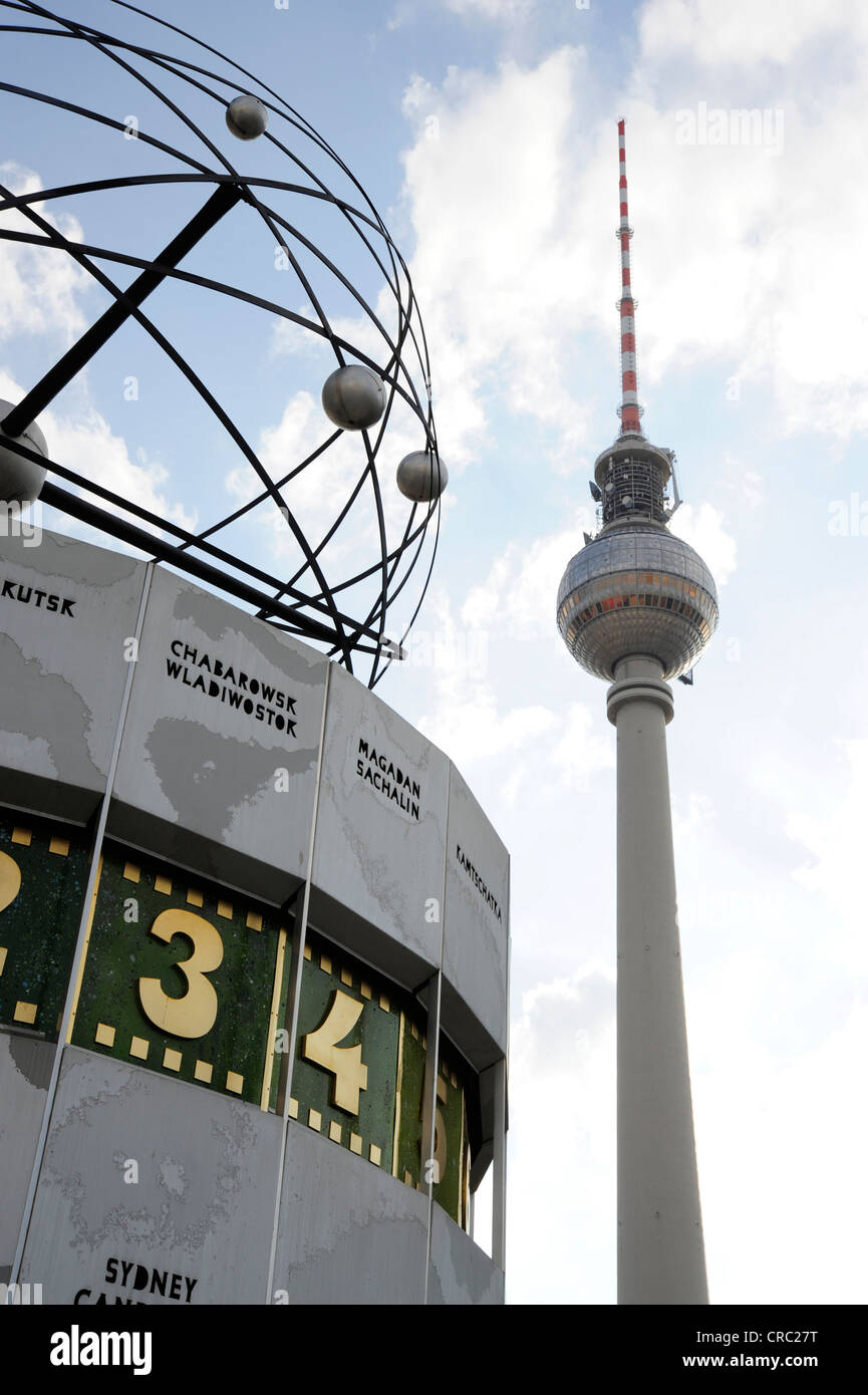 World Clock and Fernsehturm television tower, Alexanderplatz square, Mitte district, Berlin, Germany, Europe Stock Photo