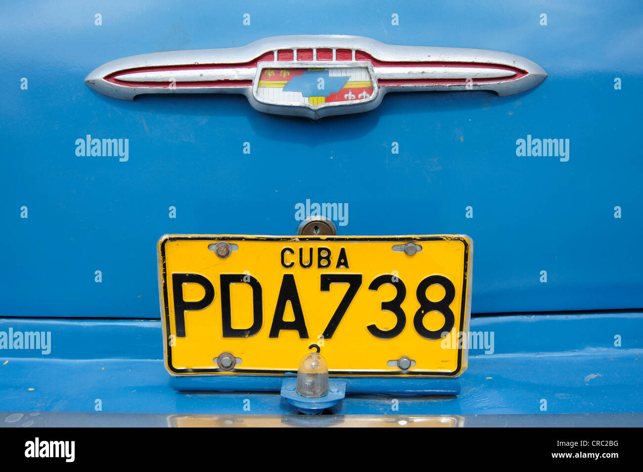 Blue 1950's vintage car in Cuba, rear view with licence plate, Greater Antilles, Caribbean, Central America, America Stock Photo