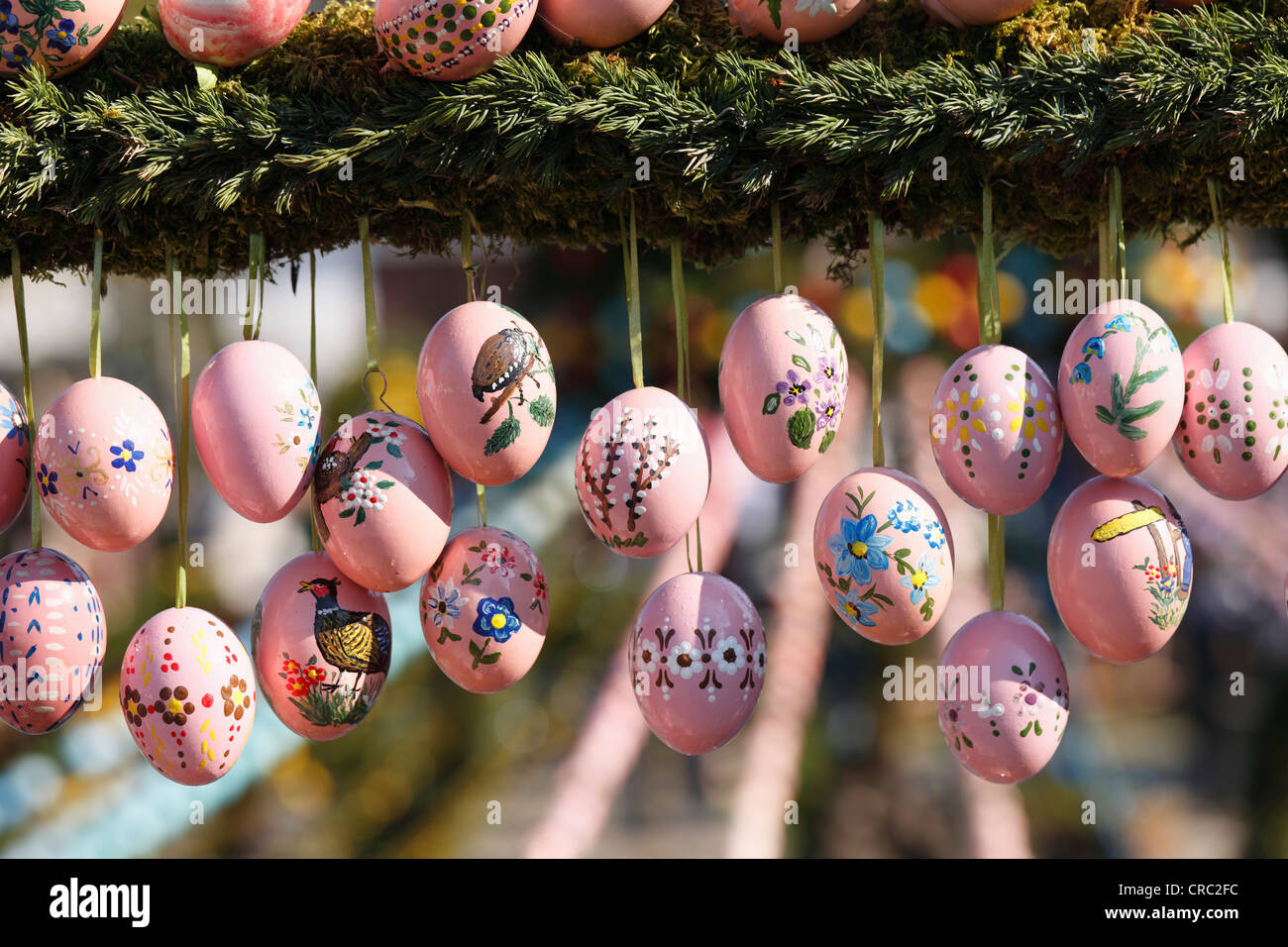 Easter eggs, Easter fountain, Bieberbach, Franconian Switzerland, Upper Franconia, Franconia, Bavaria, Germany, Europe Stock Photo