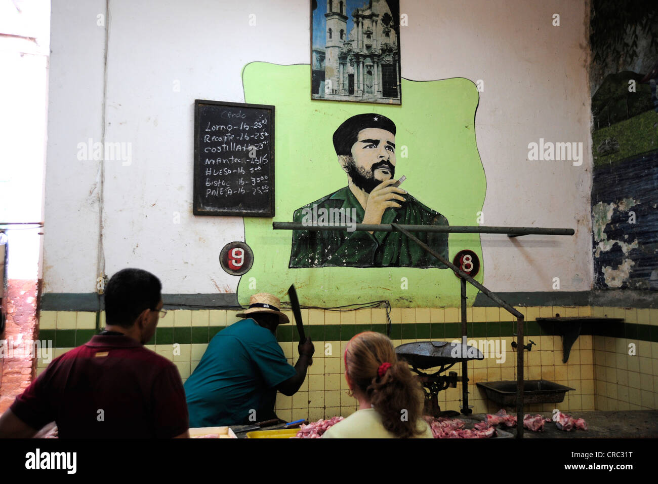 Painting of Che Guevara in a butcher shop, historic city centre of Old Havana, Habana Vieja, Cuba, Greater Antilles, Caribbean Stock Photo
