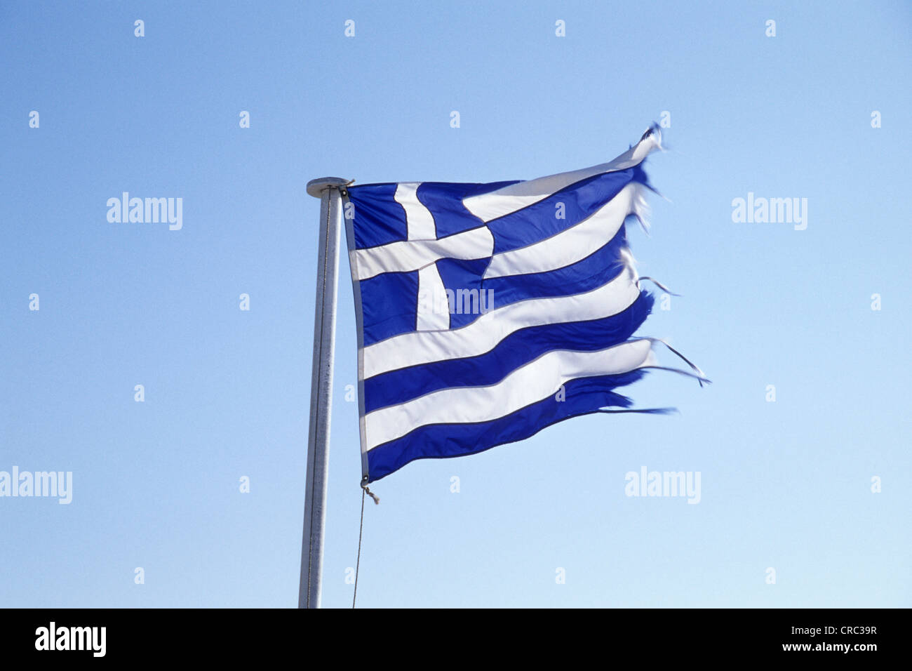 Worn Greek national flag, symbolic image for the economic crisis, Greece, Europe Stock Photo