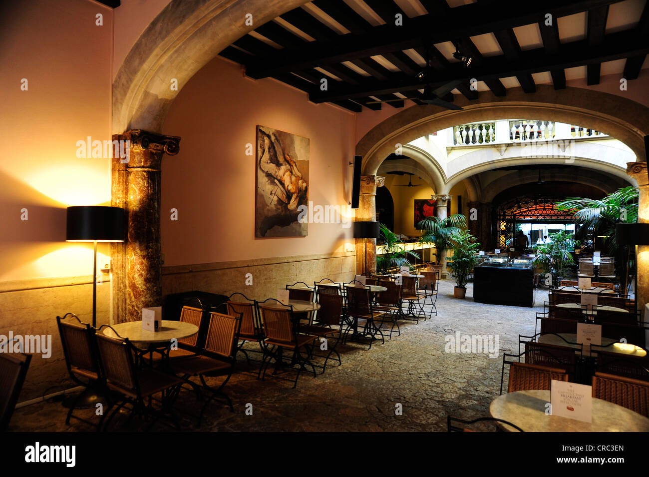 Interior decoration, Grand Cafe Cappuccino in a former mansion with patio in the Sant Miquel quarter, old town, Ciutat Antiga Stock Photo