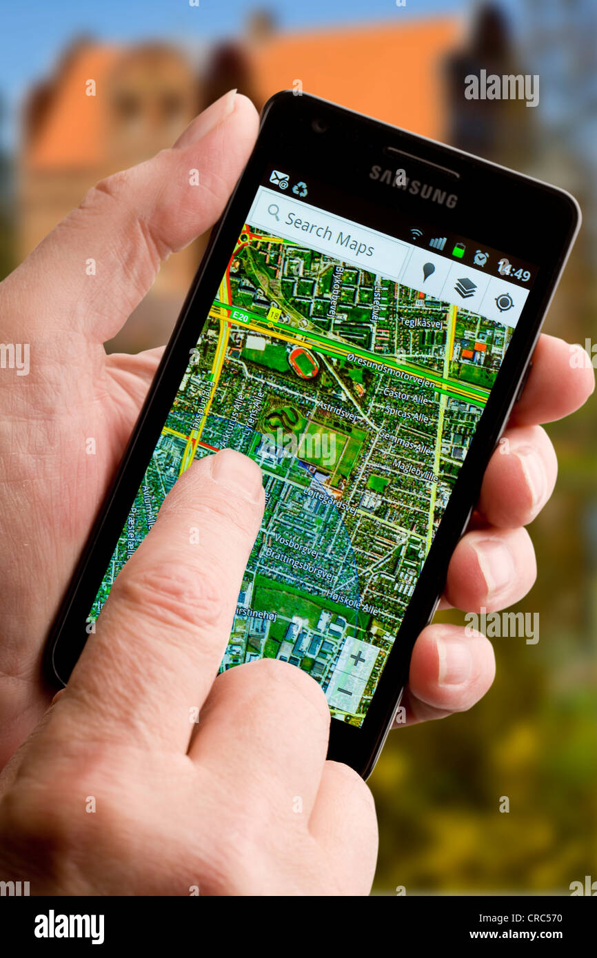 Using Satellite Maps on a smartphone Stock Photo