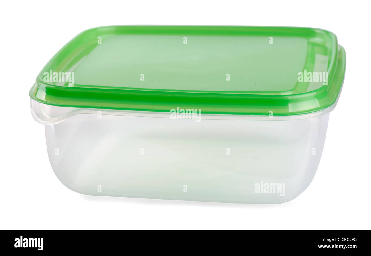 Empty food plastic container with green lid isolated on white Stock Photo