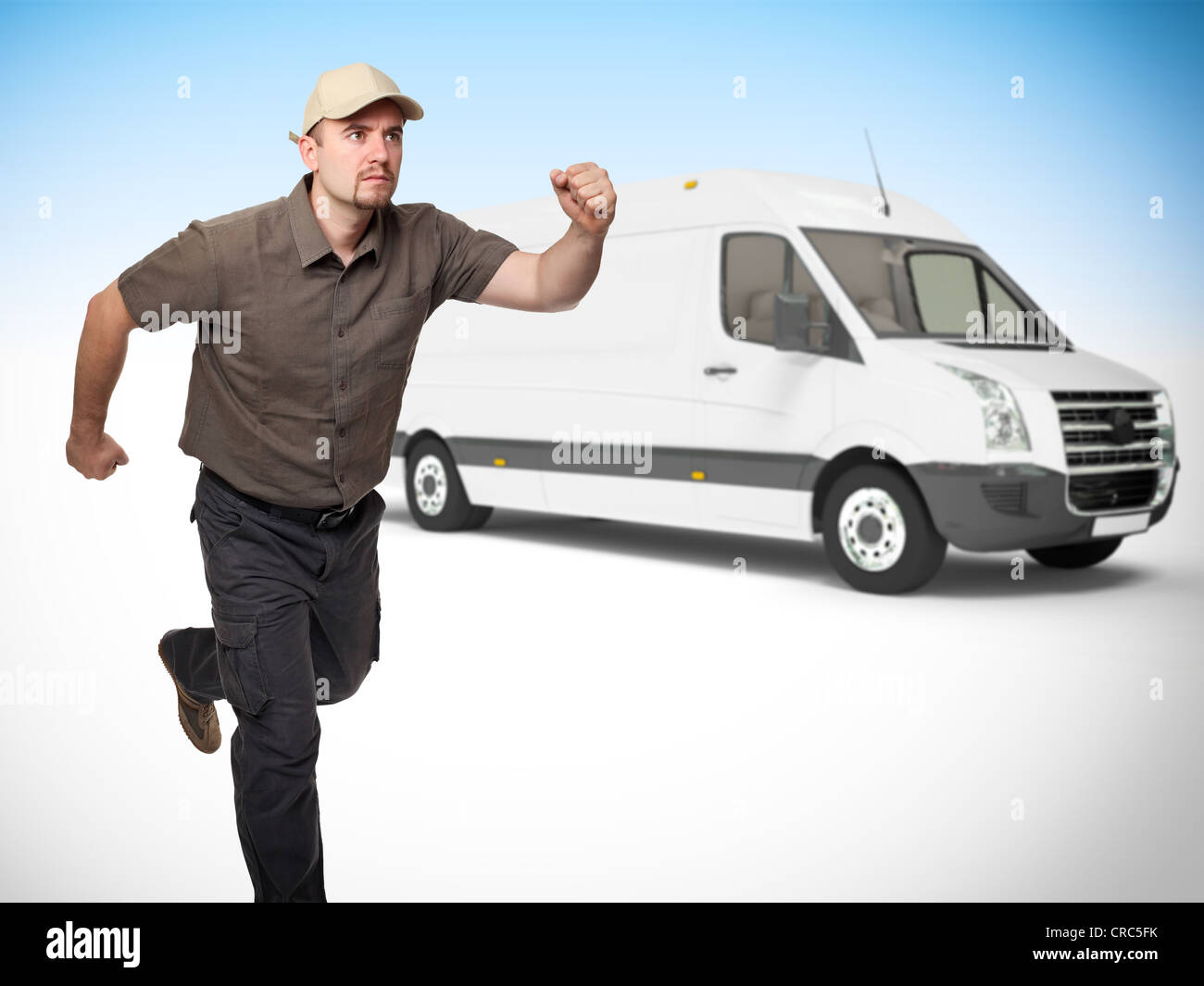 delivery man in running pose truck background Stock Photo - Alamy