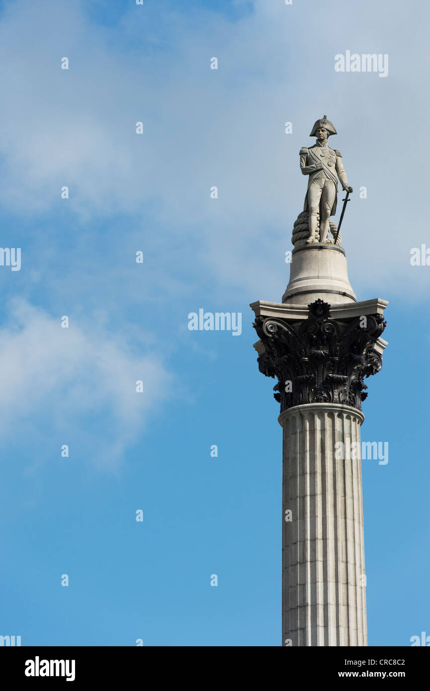 Nelsons column monument in Trafalgar Square against blue sky. London, England Stock Photo
