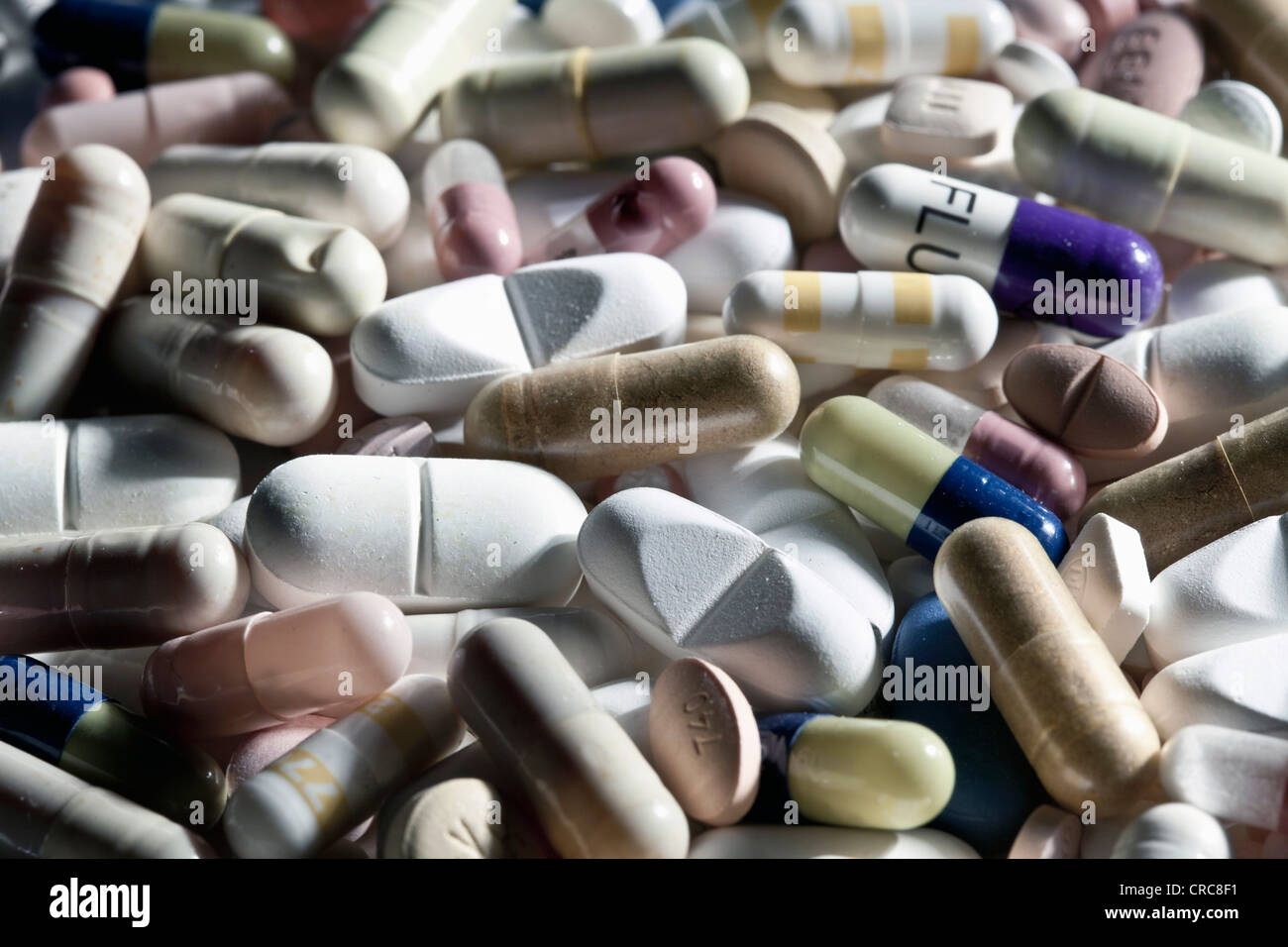 Close up of pile of assorted pills Stock Photo