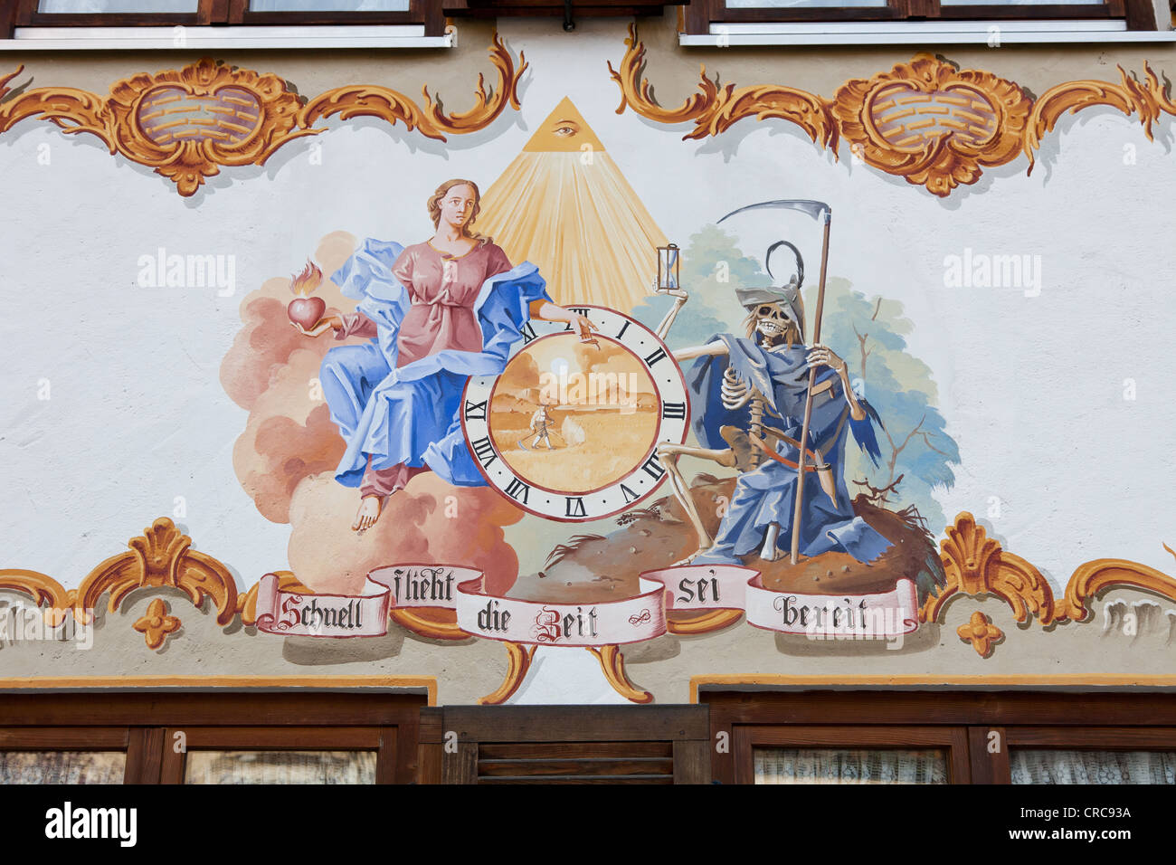 Wall art or Trompe L'oeil painting on a building in Oberammergau, Germany, this art was painted in 1883. Stock Photo