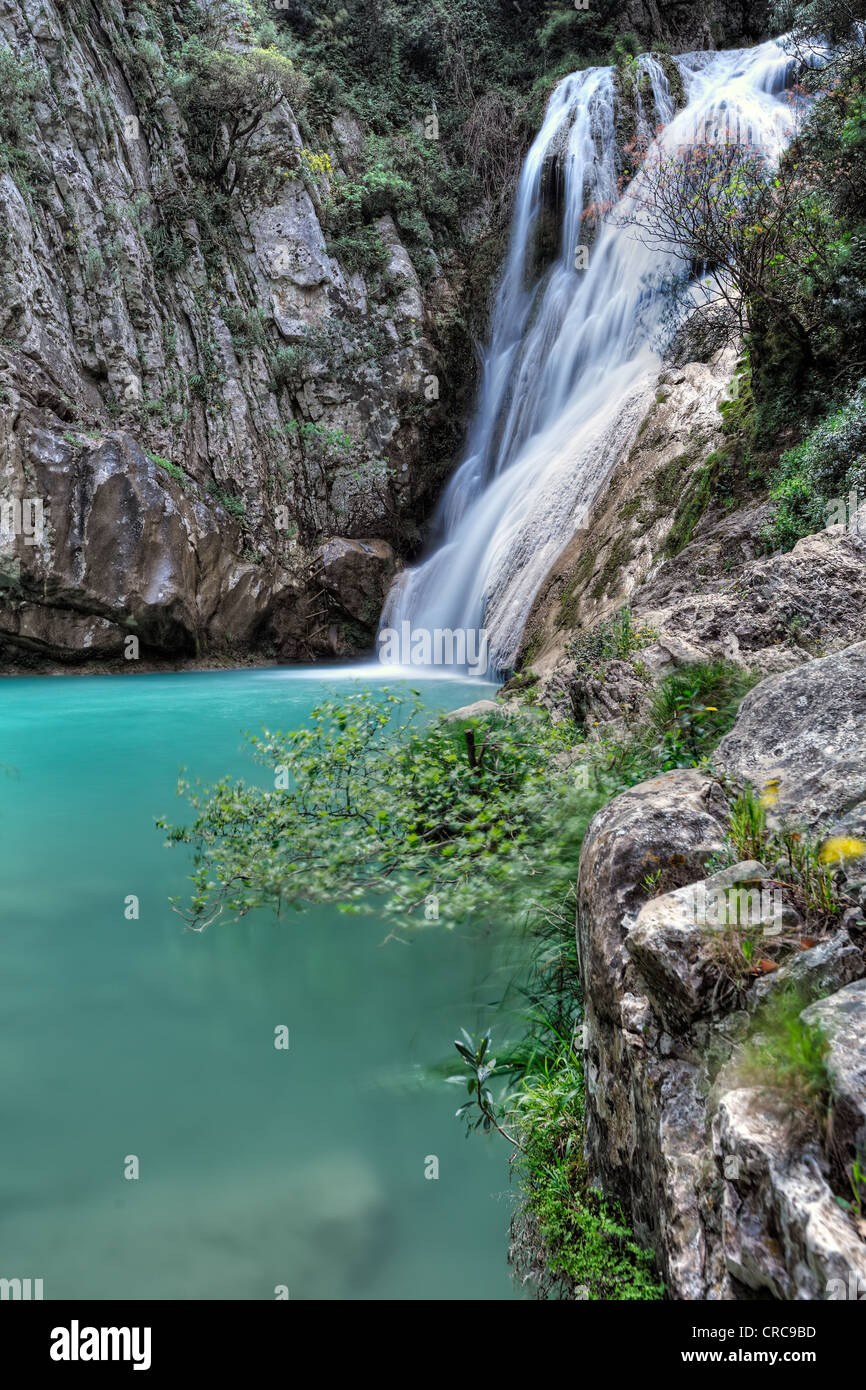 The great waterfall of Polylimnio in Messinia, Greece Stock Photo