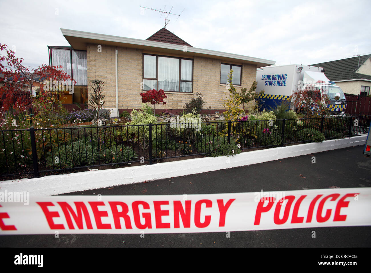Crime scene with police tape, Richmond, Nelson, New Zealand Stock Photo