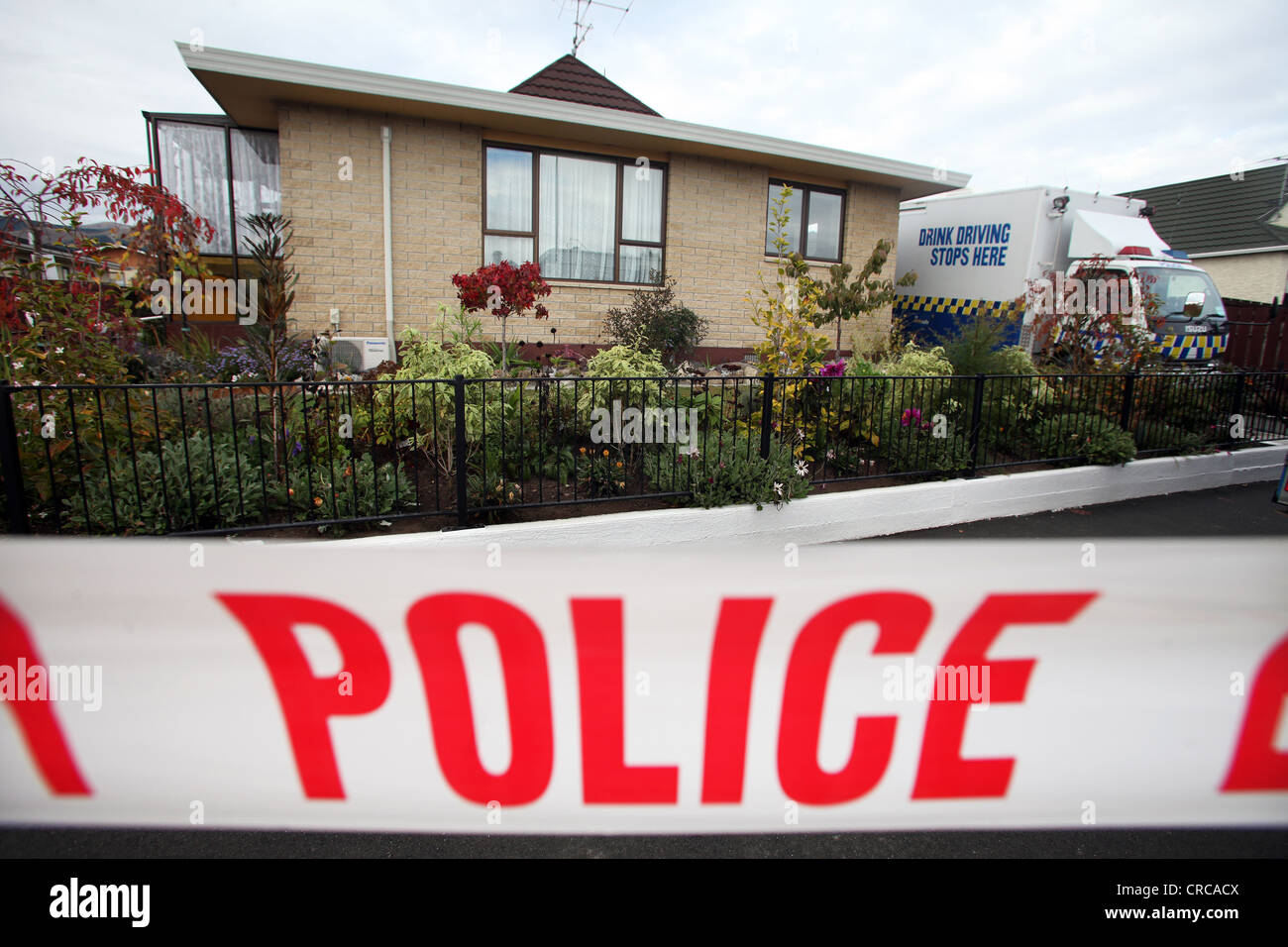 Crime scene with police tape, Richmond, Nelson, New Zealand Stock Photo