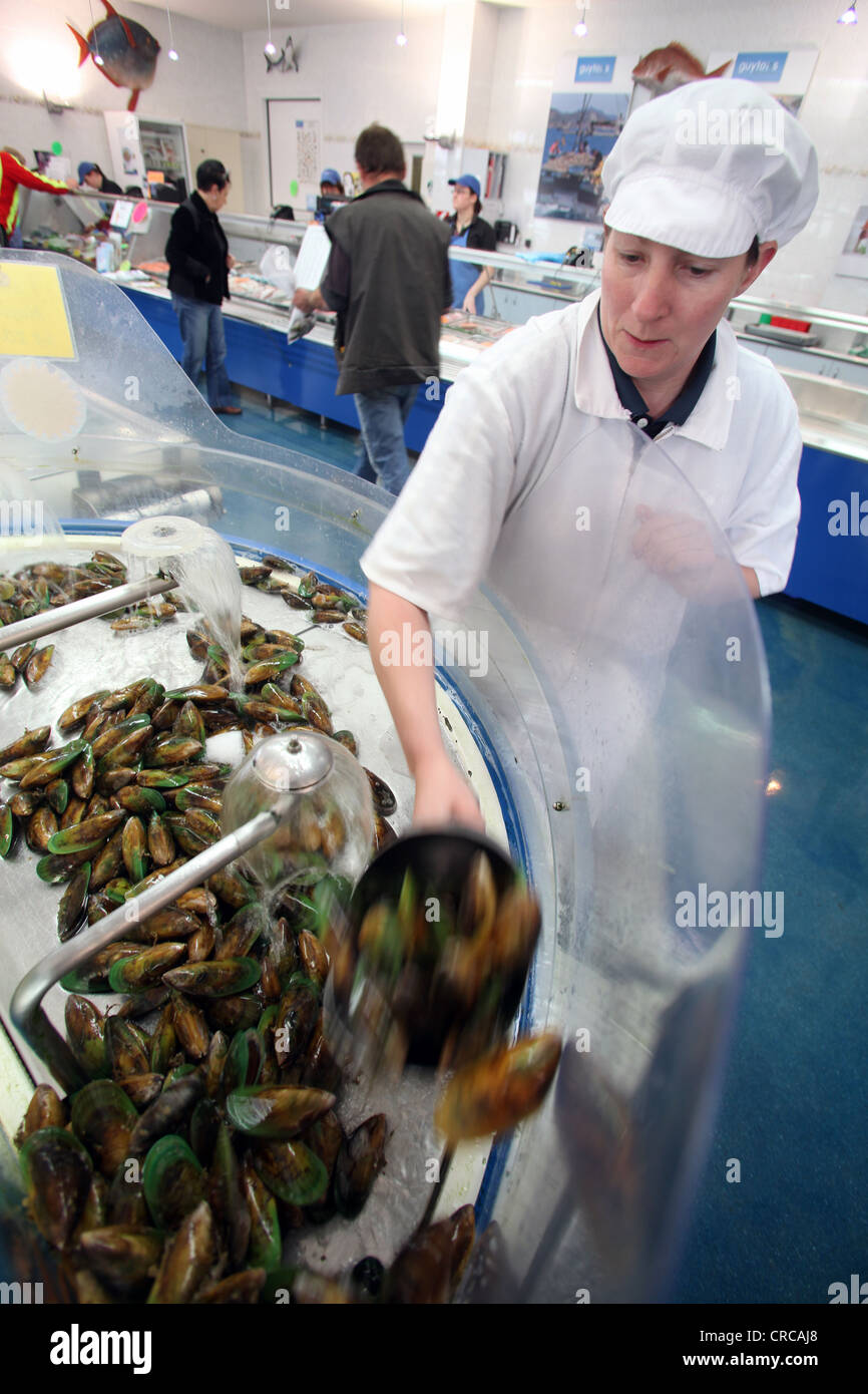 Staff serving at Guyton's Fish shop, Nelson, New Zealand Stock Photo