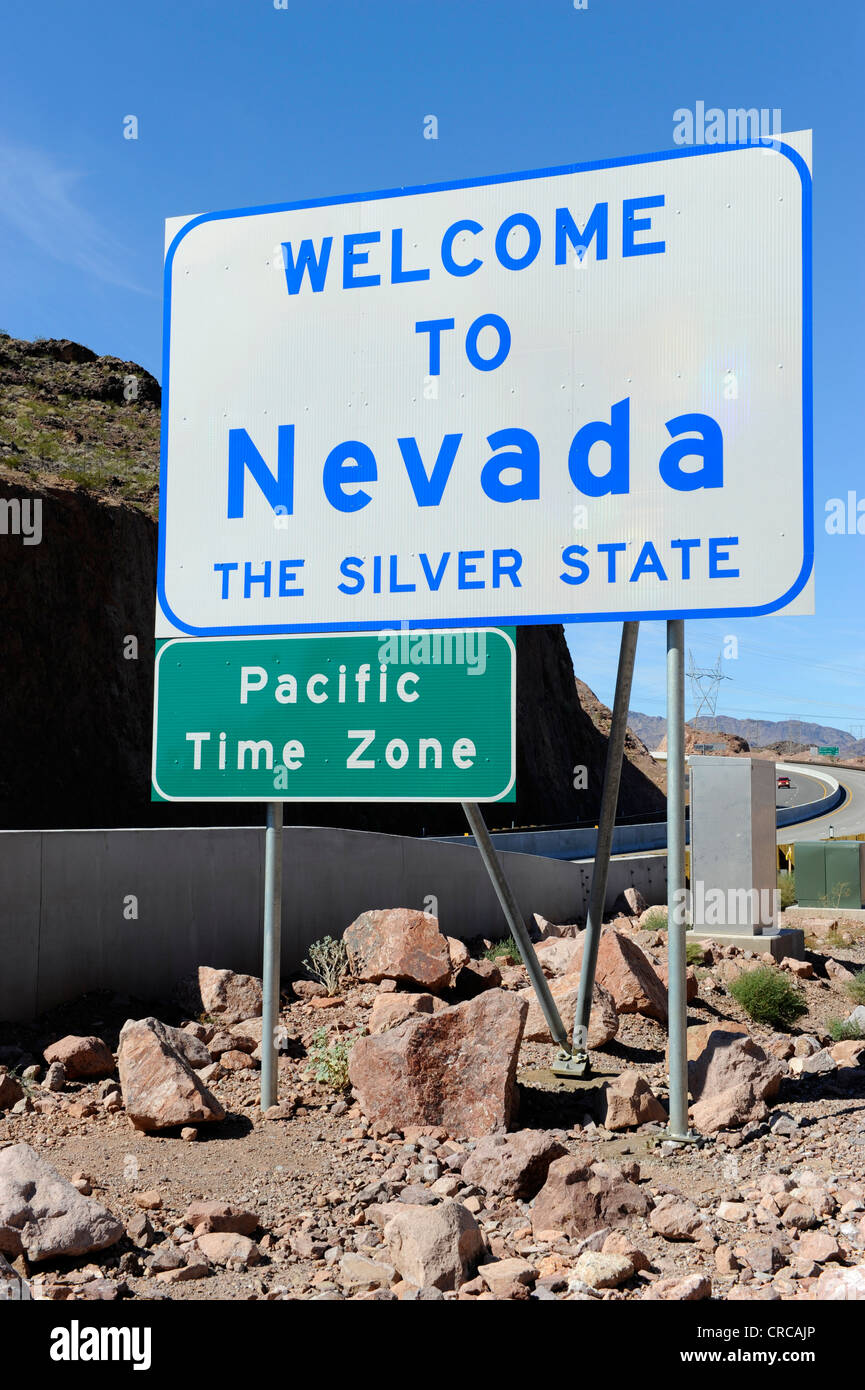 Nevada State Line Hoover Dam Border Arizona Welcome sign Stock Photo
