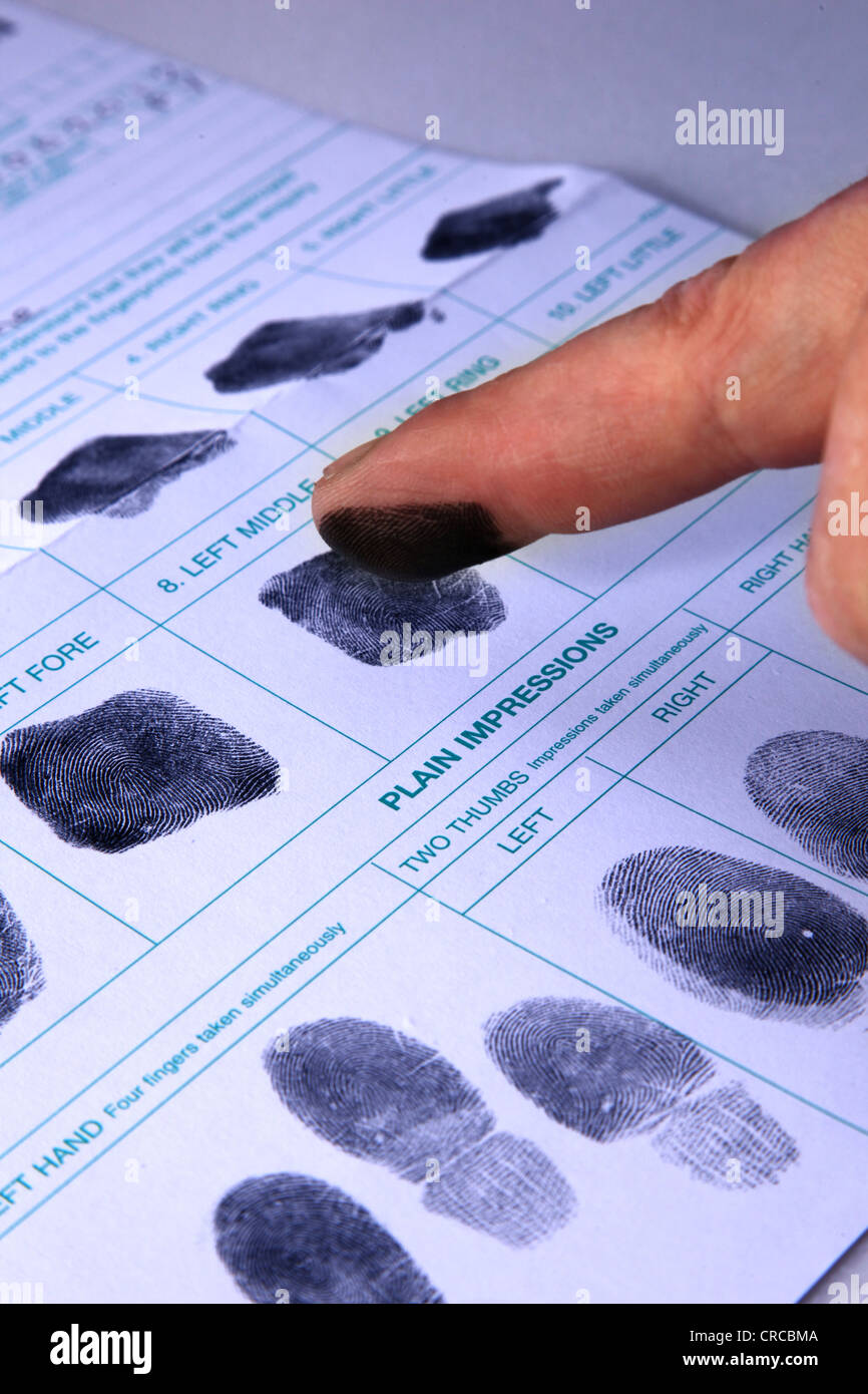 Finger print record being recorded onto paper. Stock Photo