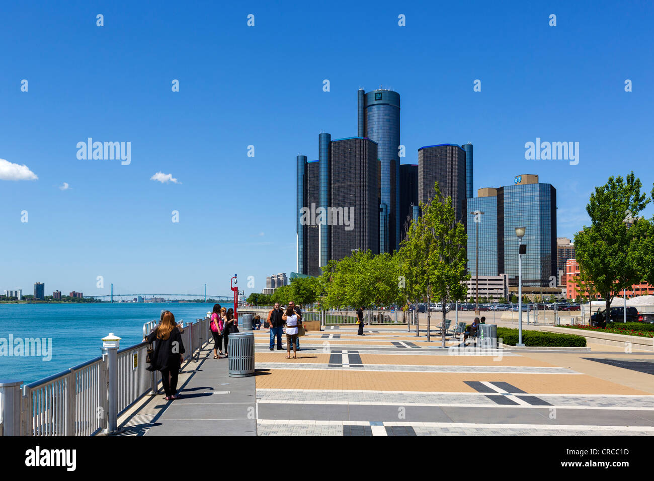 The Renaissance Center city skyline and the Detroit River viewed from Milliken State Park, Detroit, Michigan, USA Stock Photo