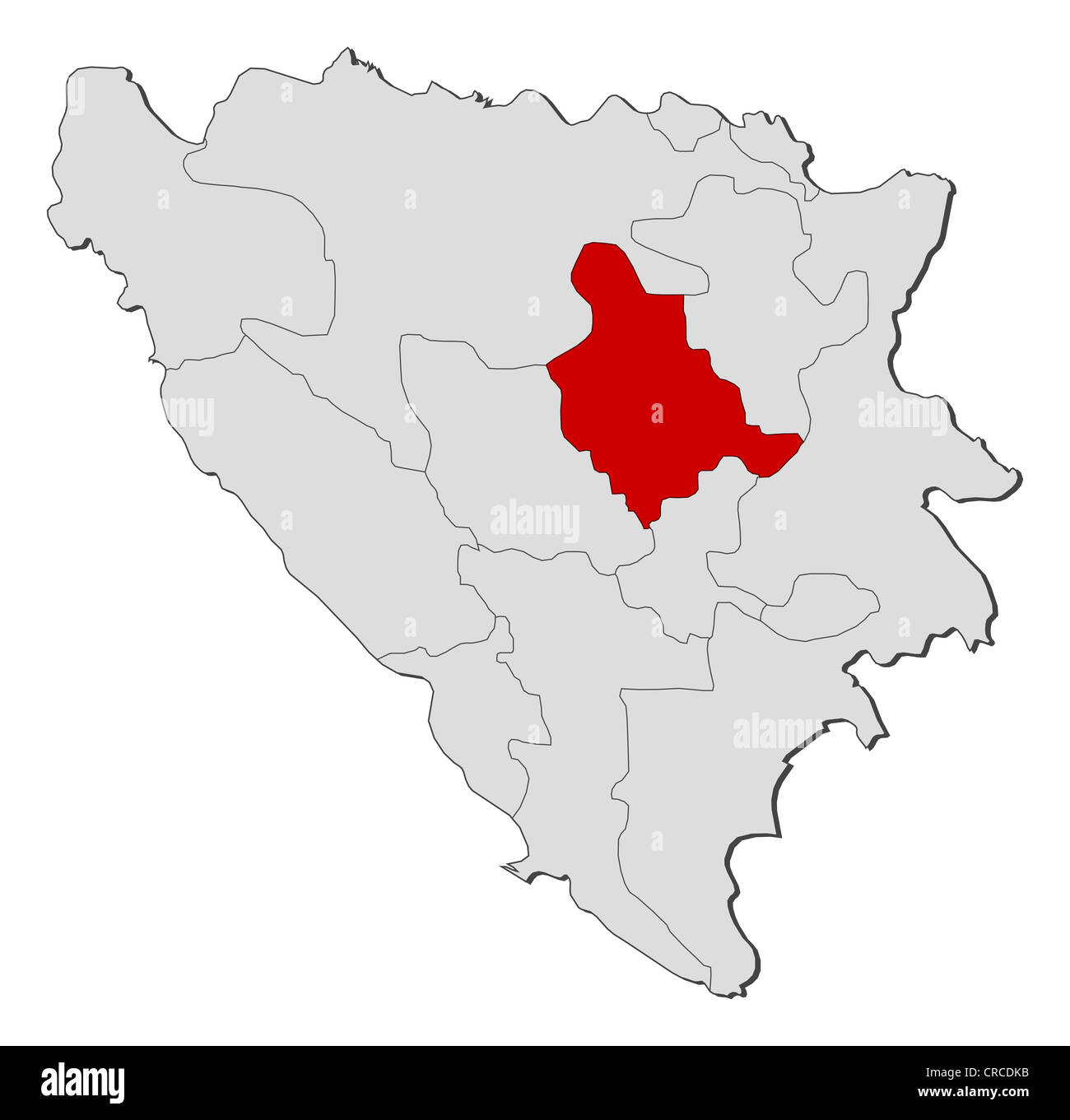 Political map of Bosnia and Herzegovina with the several cantons where Zenica-Doboj is highlighted. Stock Photo