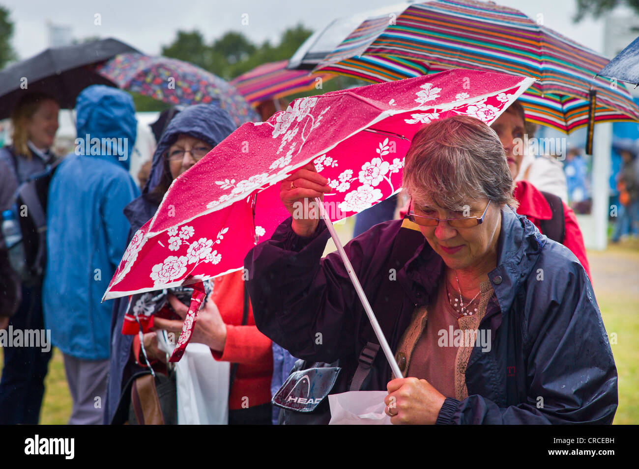 Many people with umbrellas at RHS Hampton Court Flower show 2011 Stock Photo