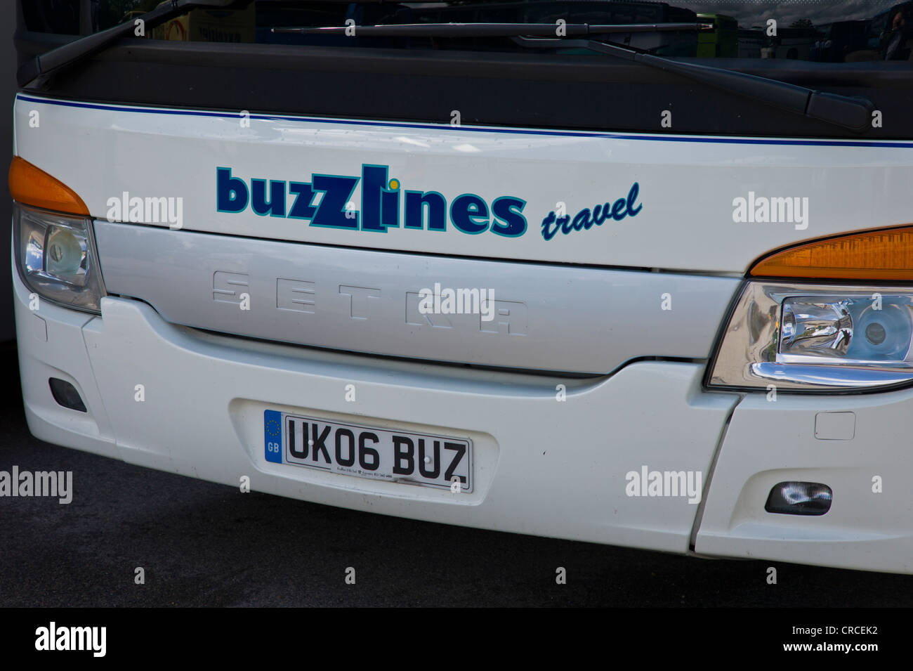 Front of a Buzz Lines Travel coach Stock Photo