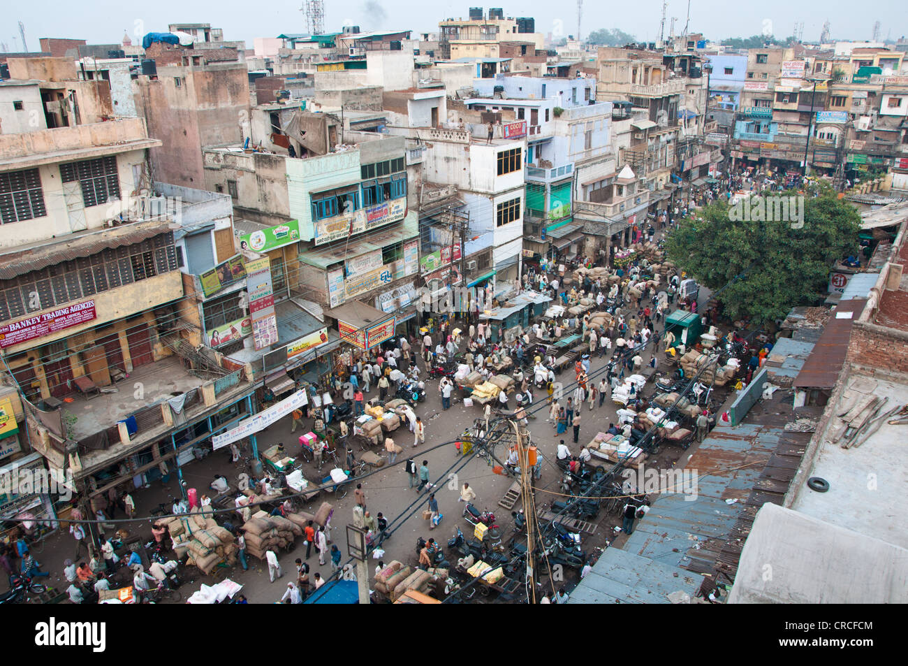 The crowded main street of Old Delhi, now termed Chandni Chowk, that runs from the Red Fort to Fatehpuri Masjid. Stock Photo