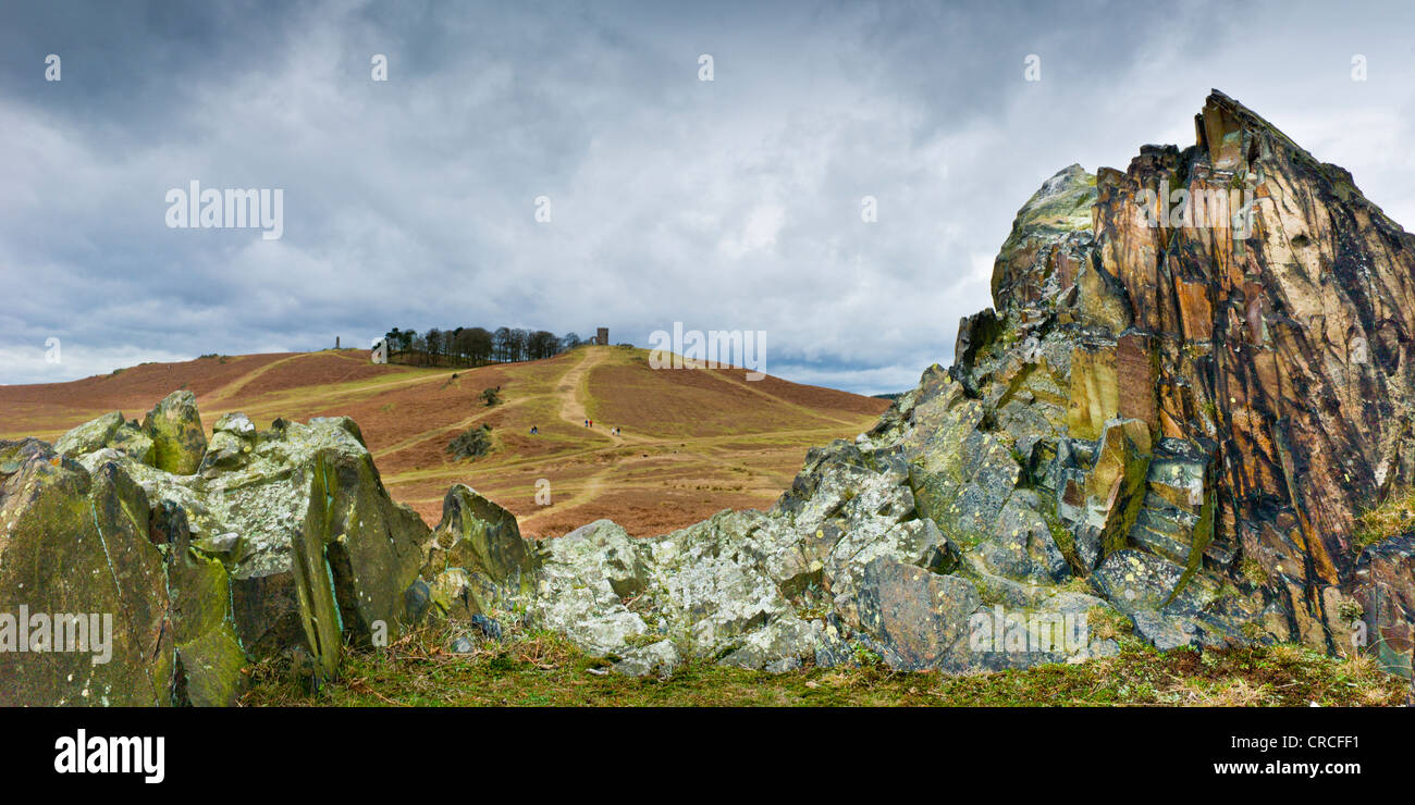 View of Bradgate Park in Leicestershire showing granite outcrop, Old John and the war memorial Stock Photo