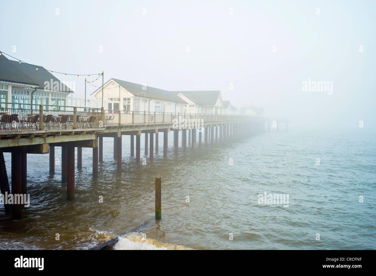 Southwold pier in Sufflok during a sea fret or mist Stock Photo