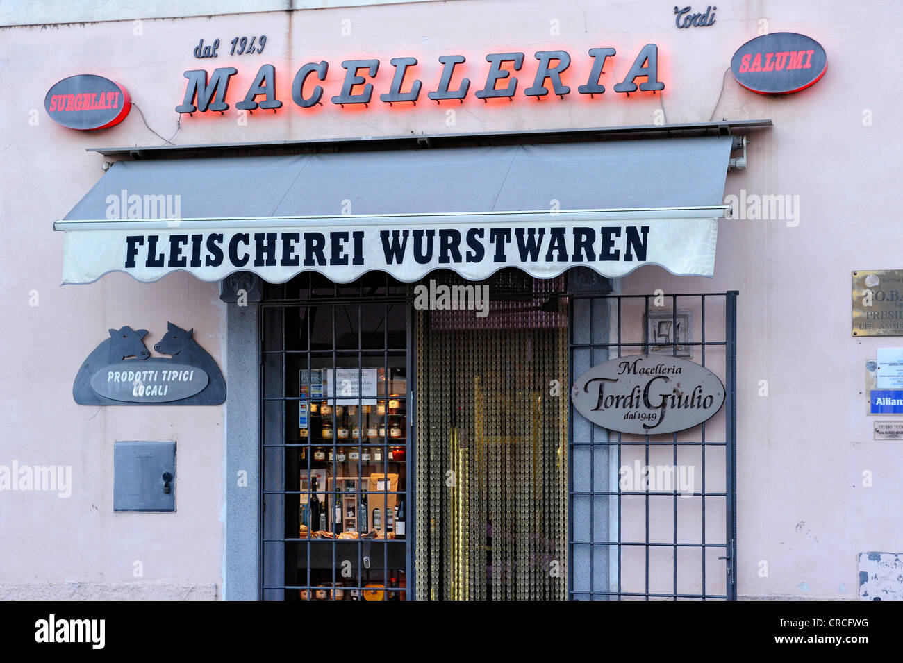 Macelleria butcher's with German inscription, historic town of Bolsena, Lazio, Italy, Europe Stock Photo