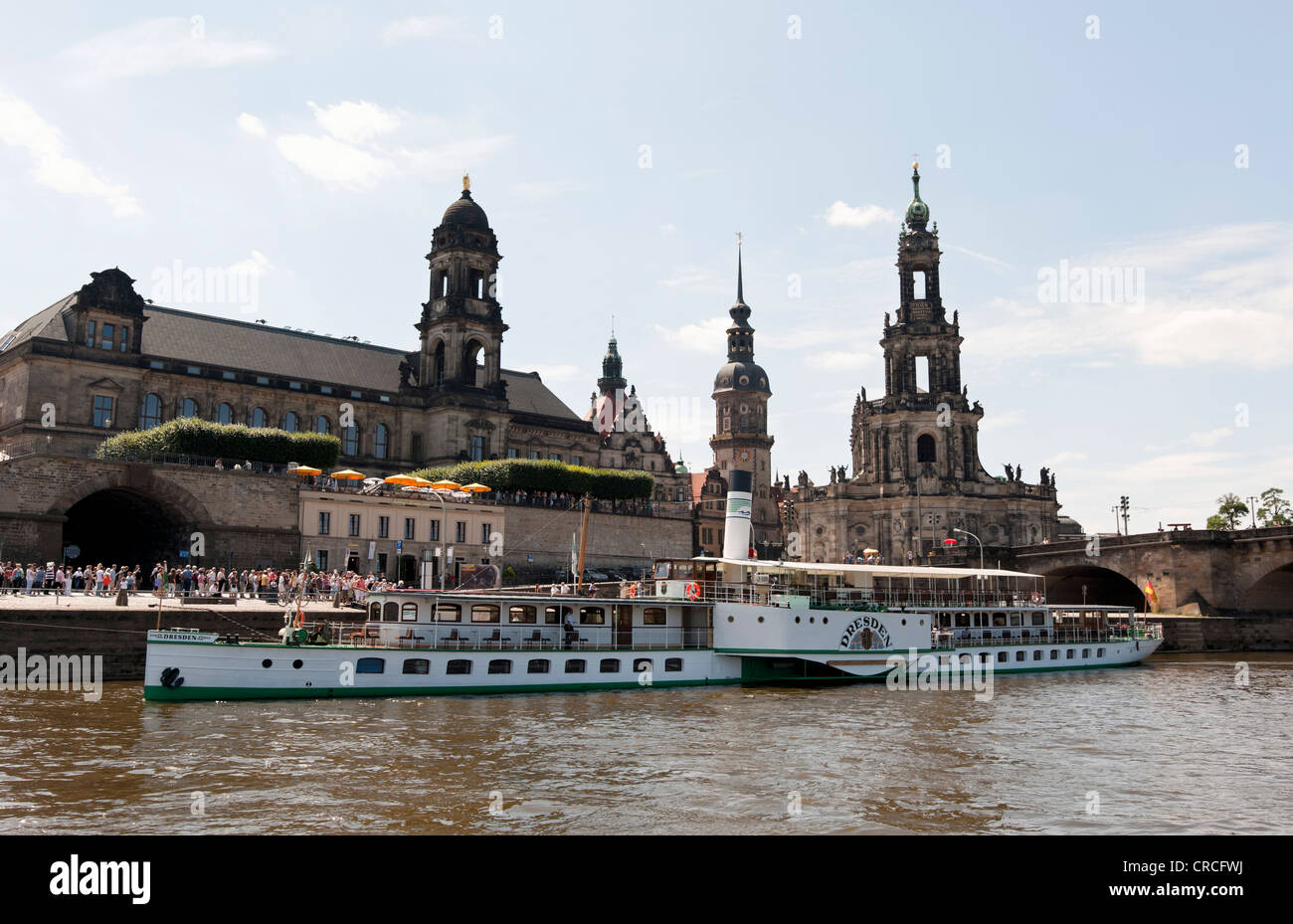 Paddle steamer on the Elbe, rear left the Katholische Hofkirche church in the middle the tower of the  Castle, , Saxony Stock Photo