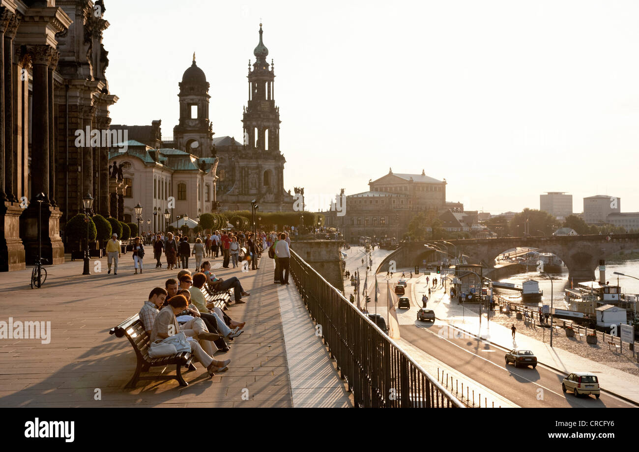 Bruehlsche Terrasse terrace on the Elbe river shore, Dresden, Saxony, Germany, Europe Stock Photo