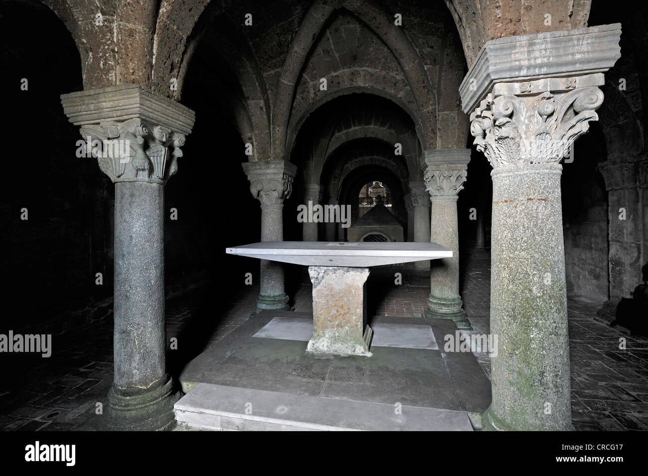 Altar in the underground pillared hall of the pagan crypt, 10th century, Cathedral of St. Sepulchre, Basilica Cattedrale di San Stock Photo