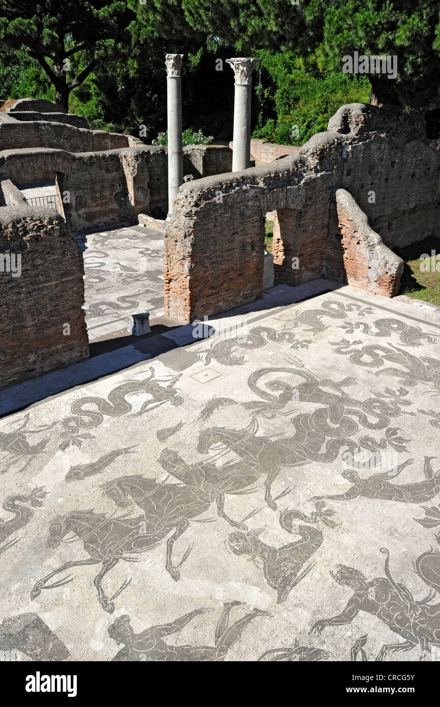 Mosaics in the ruins of the Terme di Nettuno, Baths of Neptune, Ostia Antica archaeological site, ancient port city of Rome Stock Photo