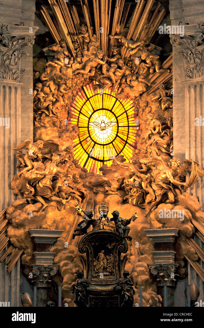 Gloria with a window made of Bohemian glass above the Cathedra Petri, Chair of Saint Peter by Bernini in the apse of St. Peter's Stock Photo