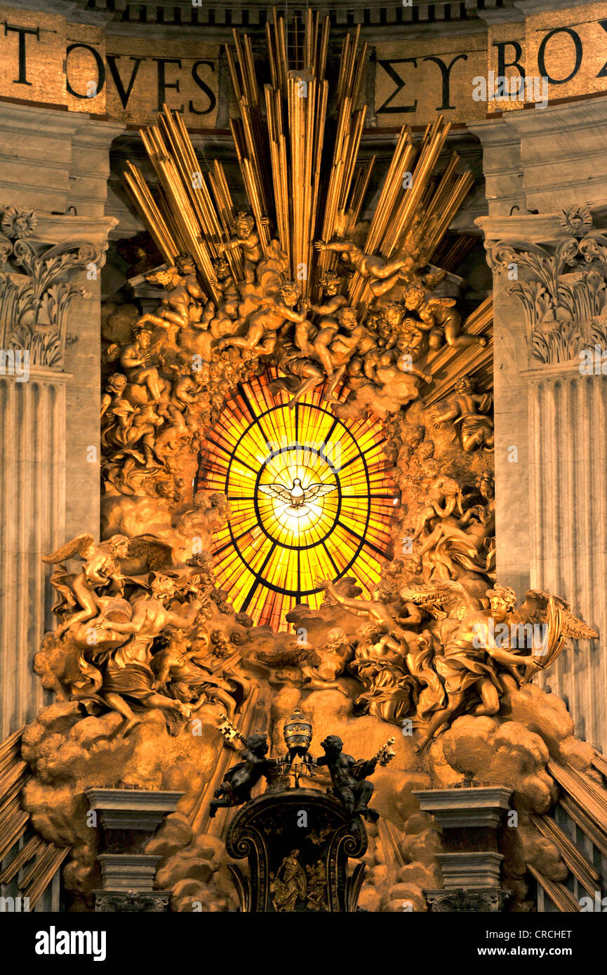 Gloria with a window made of Bohemian glass above the Cathedra Petri by Bernini in the apse of St. Peter's Basilica Stock Photo
