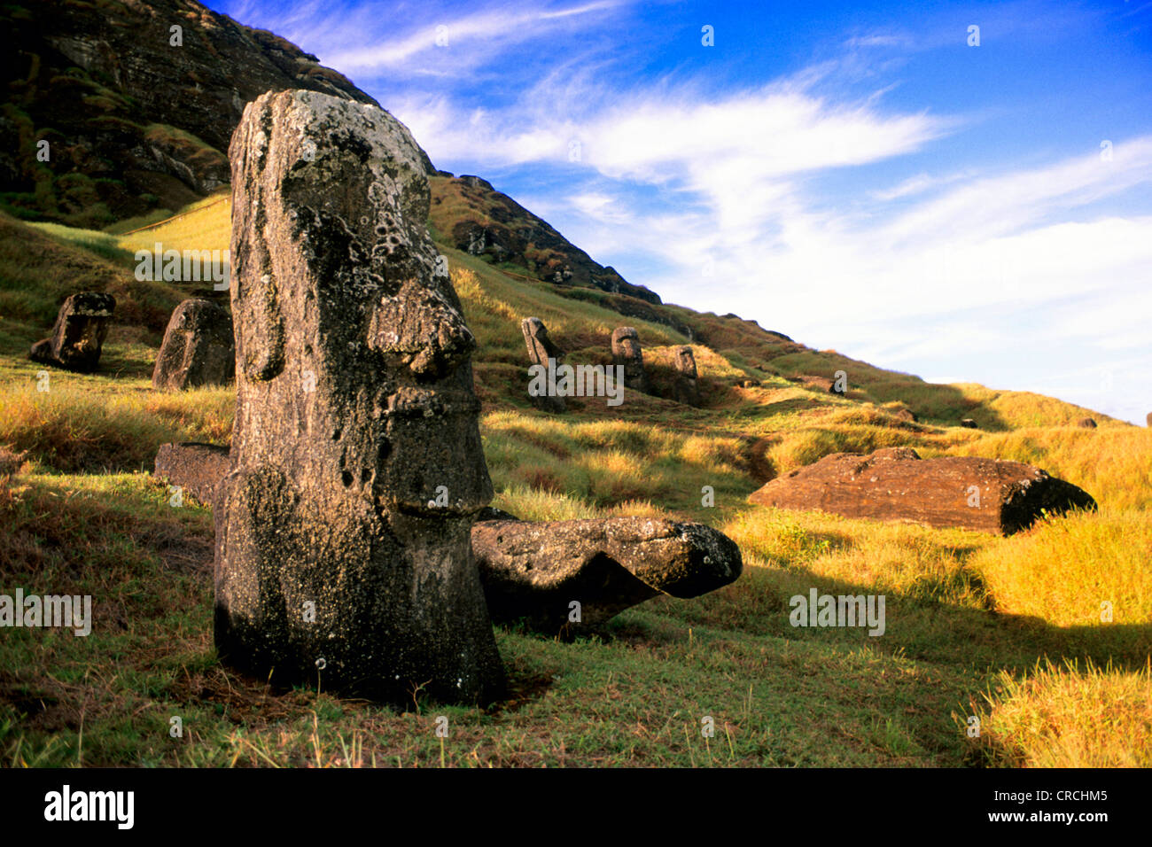 statues of Moais, Chile, Osterinseln, Rano Raraku Stock Photo